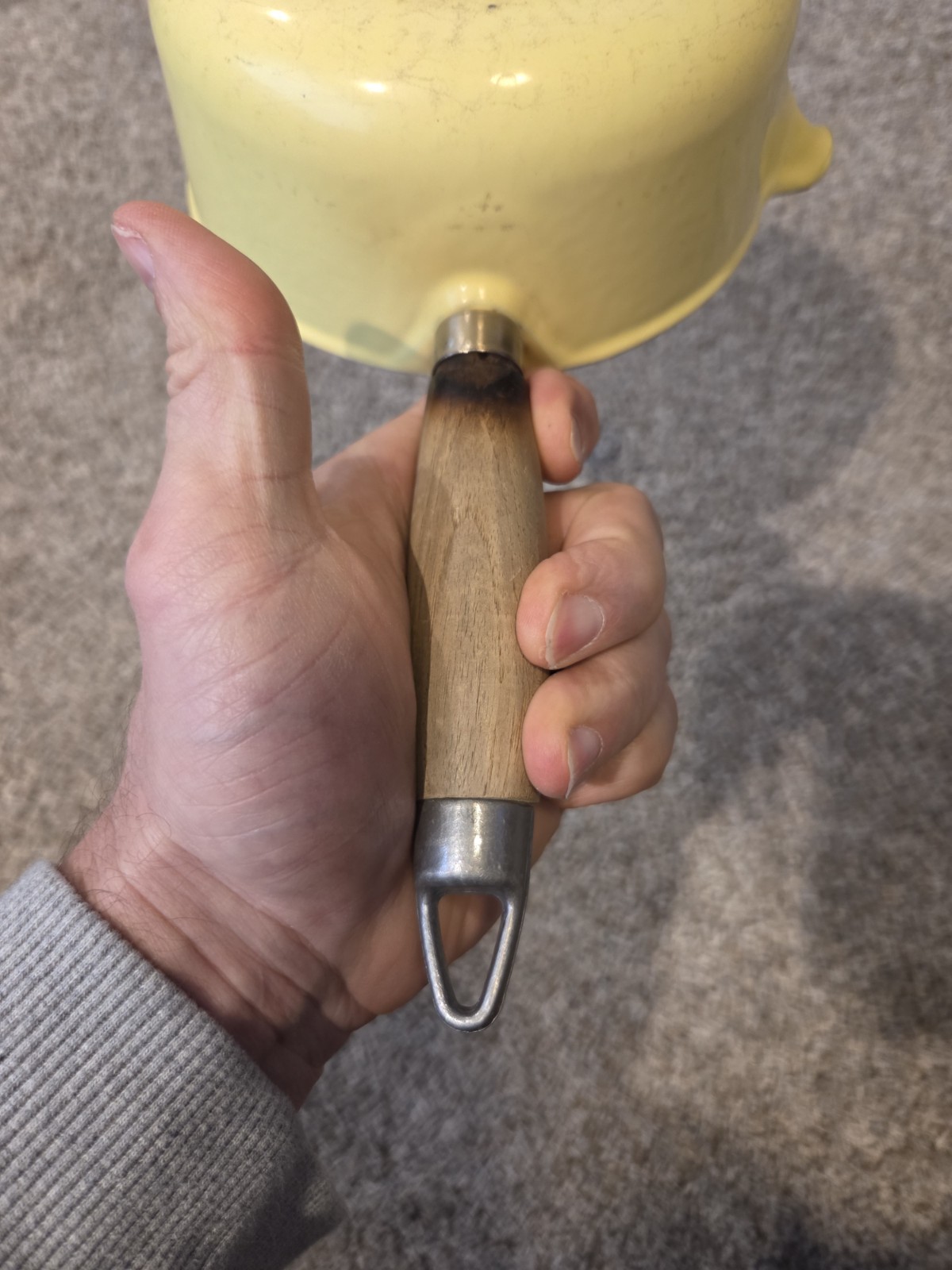 Vintage Enamelware Over Cast Iron Yellow Saucepan With Spout & Wooden Handle MCM