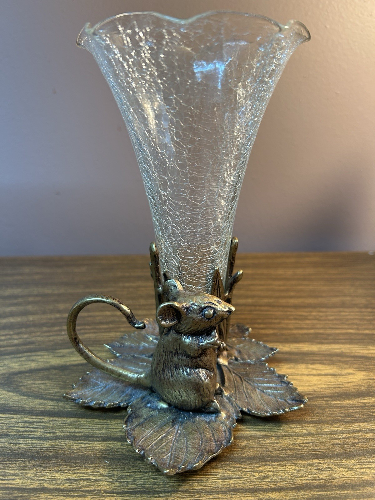 Vintage GATCO Solid Brass Mouse Bud Vase with Crackle Glass Insert