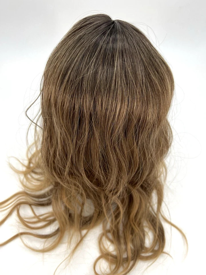 Brown w/ Dark Roots Wavy with Curtain Bang 20in Women Premium Hair Topper