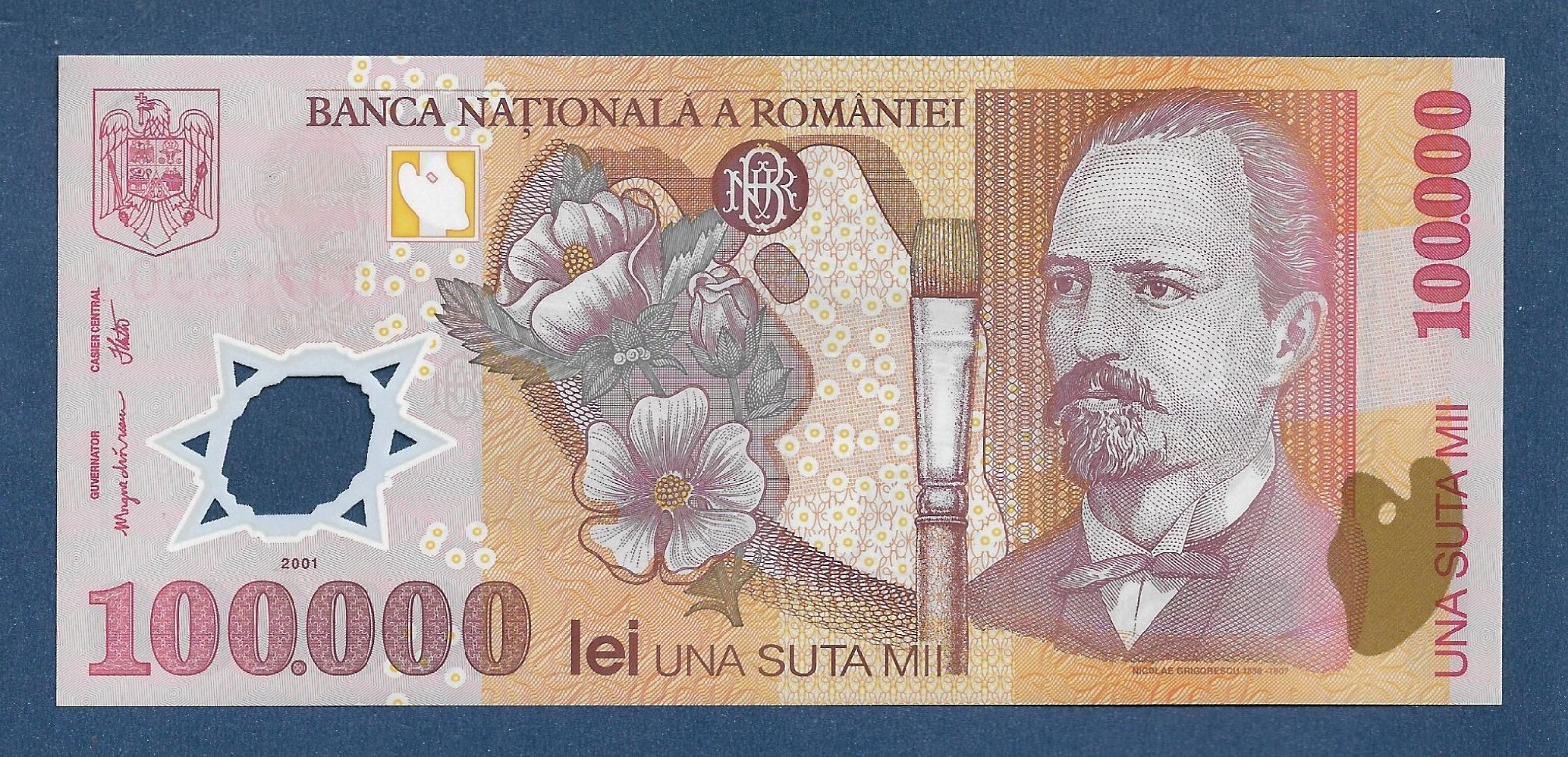 (DN) Romania 100000 Lei 2001 (2001) "Prefix 01" First Issue P-114a UNC