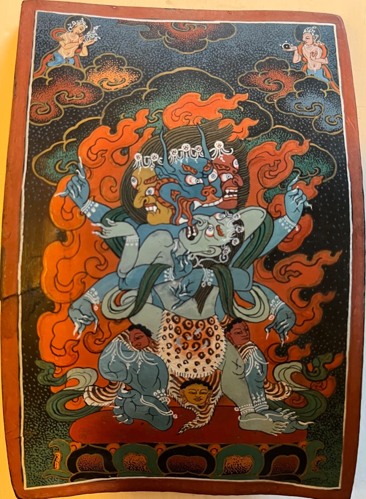 Tibetan Thangka Painted on Horn Yamantaka in Father-Mother Union