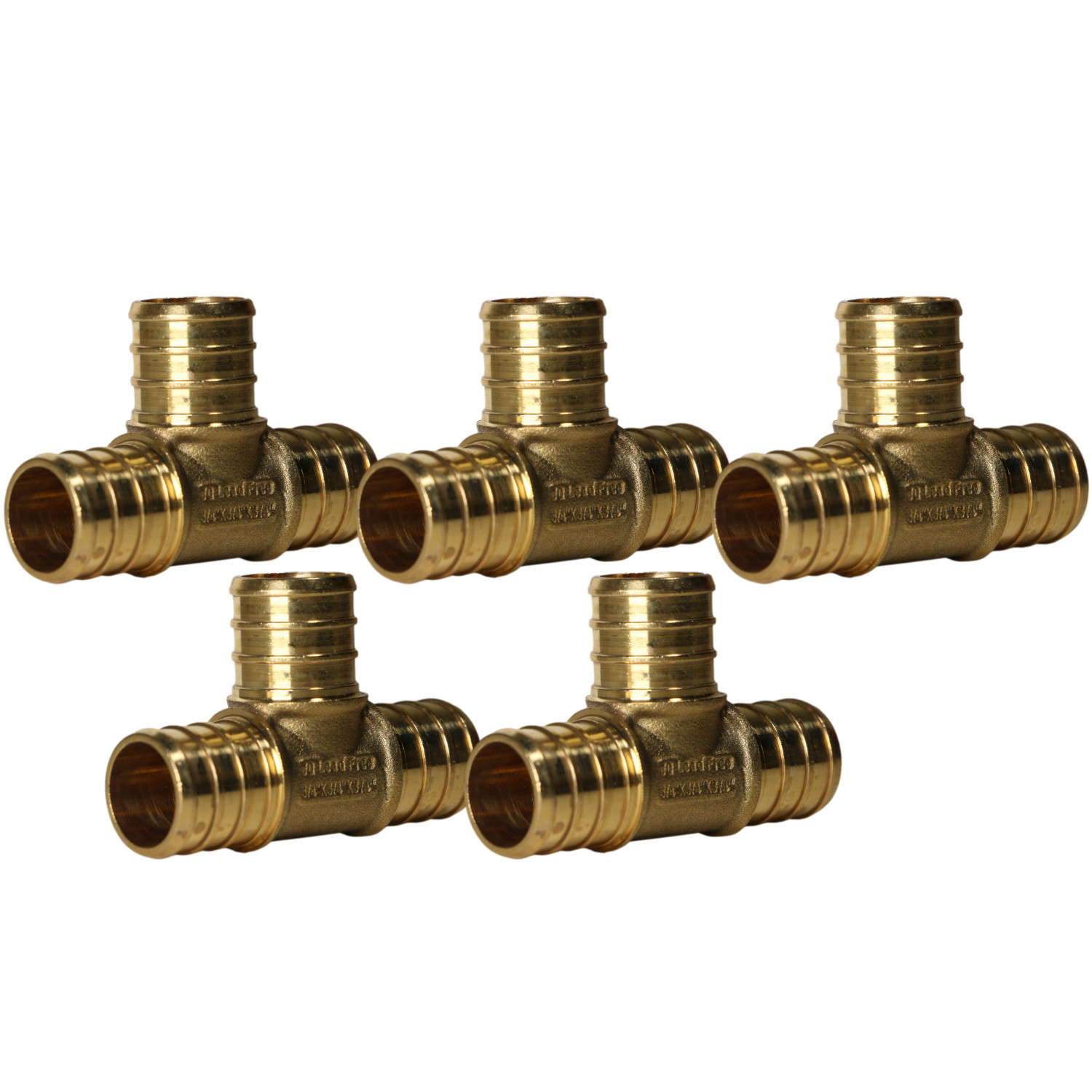 5 Pack XFITTING 3/4" x 3/4" x 3/4" Pex Tee, 3/4 Pex Barb Crimp, Lead Free Brass