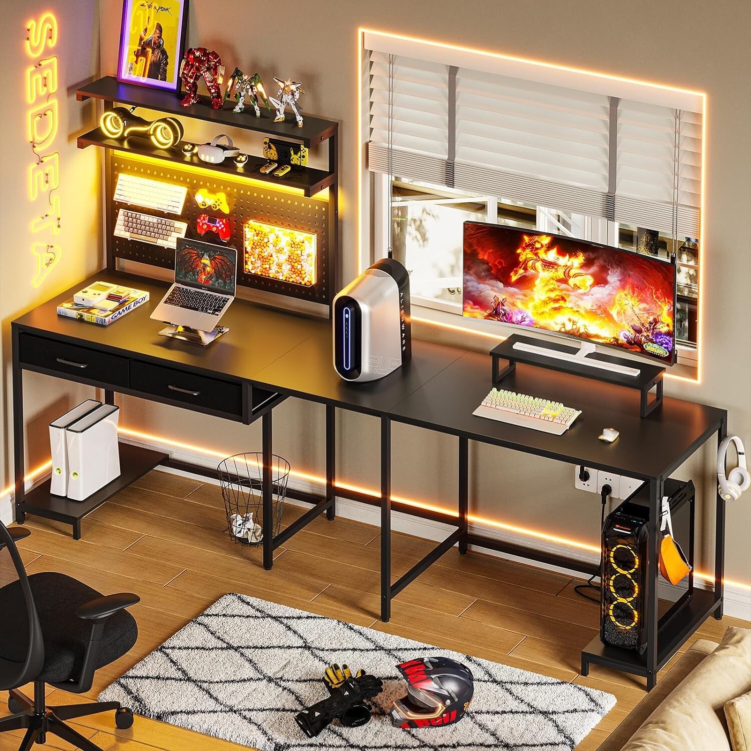 L Shaped Gaming Desk with LED Lights and Hutch, Computer Desk with Monitor Stand