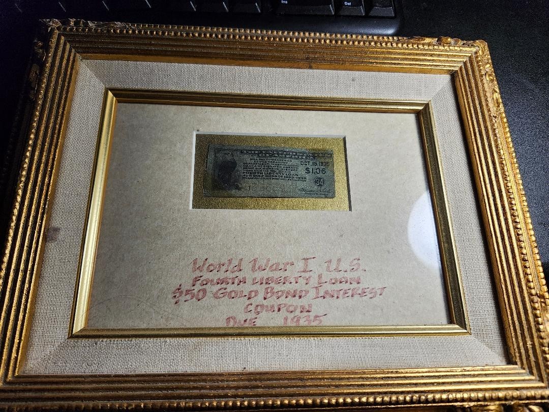 USA 1918 FOURTH Liberty Loan 4 1/4% GOLD WAR BOND COUPON IN FRAME. WWI COUPON