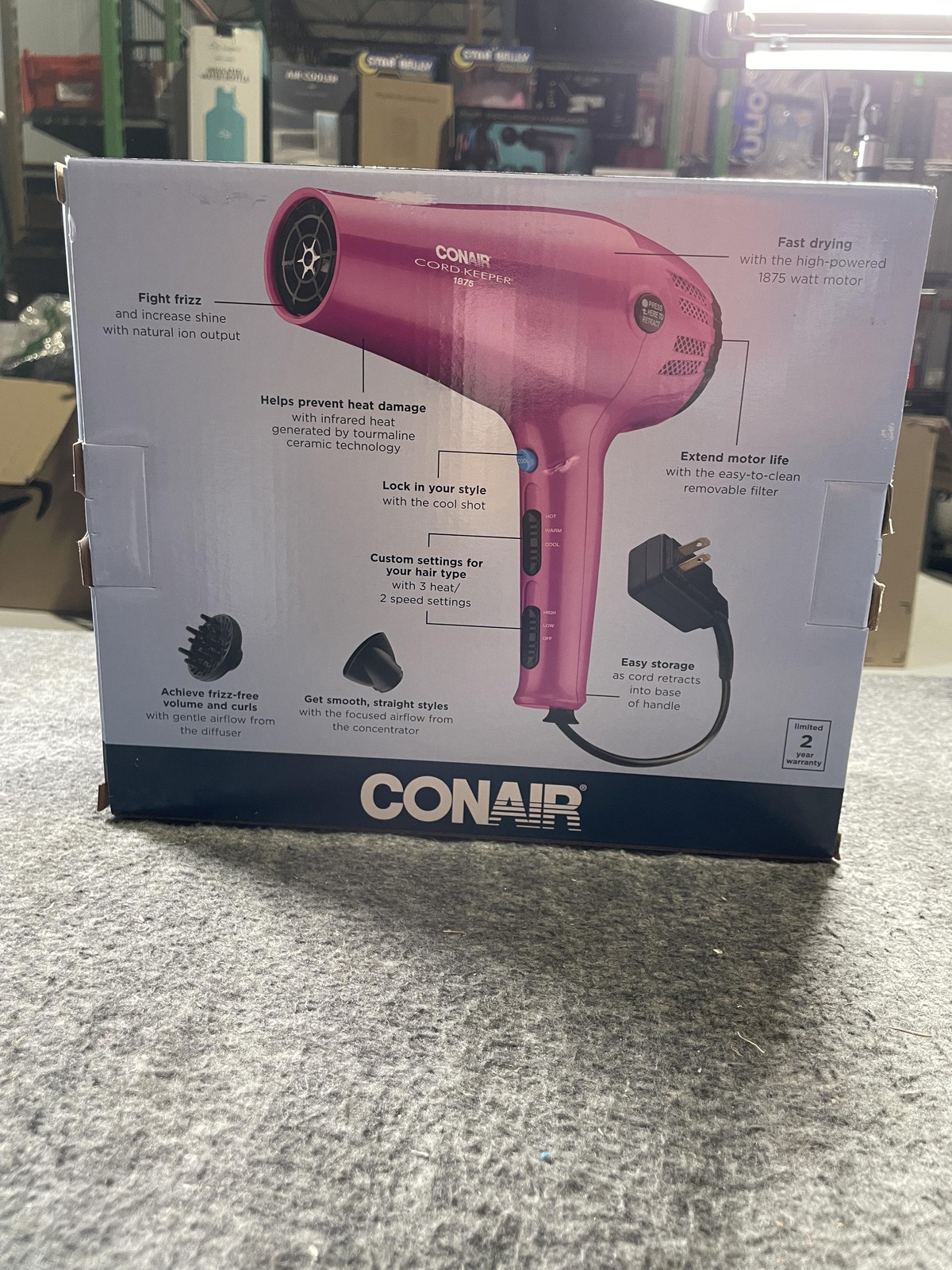 Conair Cord-Keeper 1875W Hair Dryer Retractable Cord w/ Concentrator & Diffuser