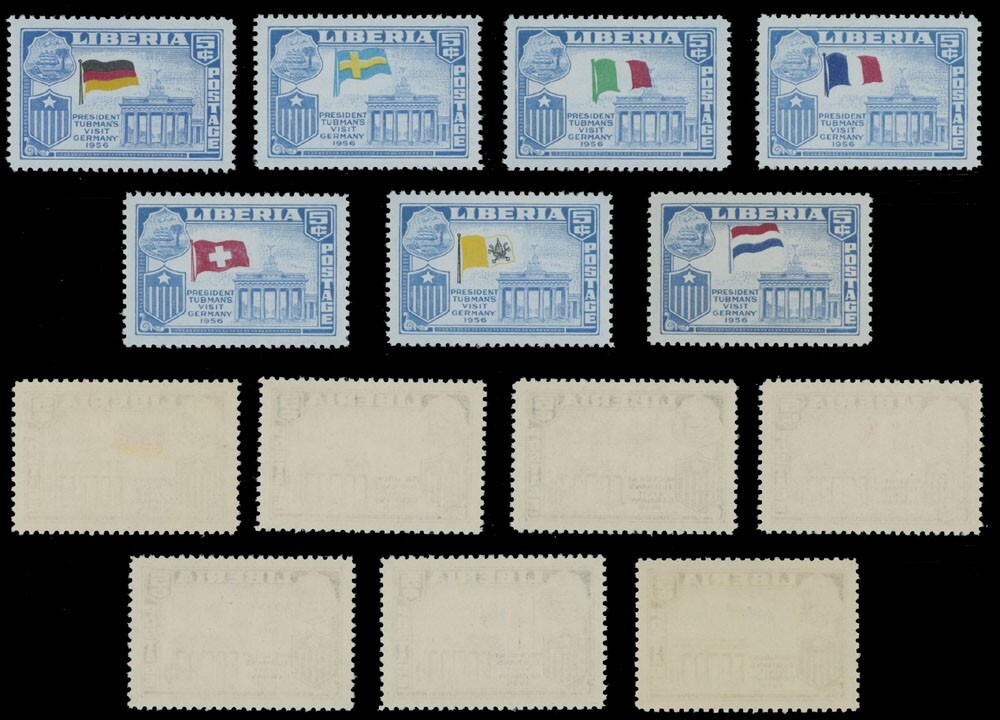 LIBERIA 1958 PRESIDENT'S VISITS 42 PERF STAMPS W/WRONG FLAGS SC#368-70, C114-17