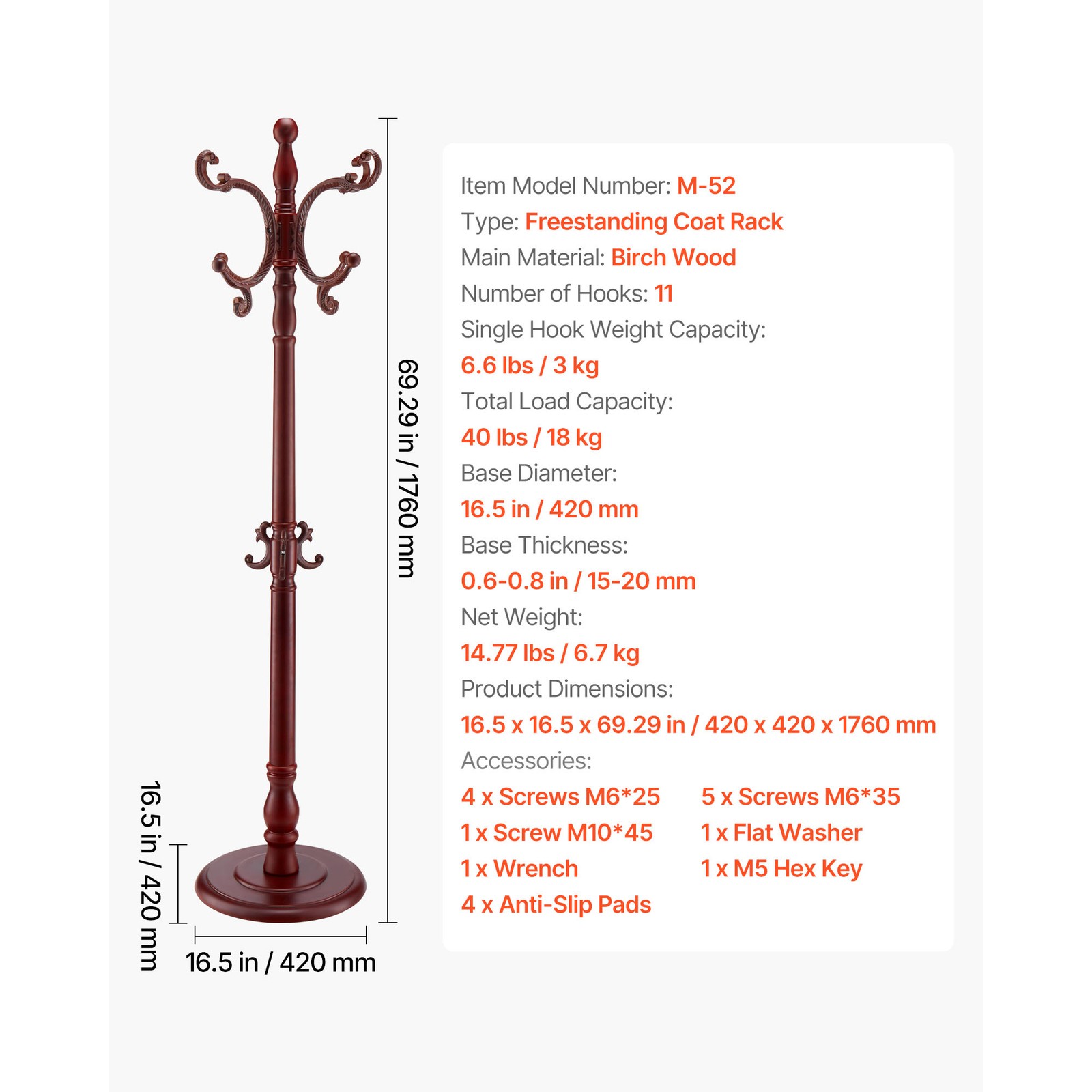 Freestanding Coat Rack Wooden Coat Tree with Stable Large Base & 11 Hooks