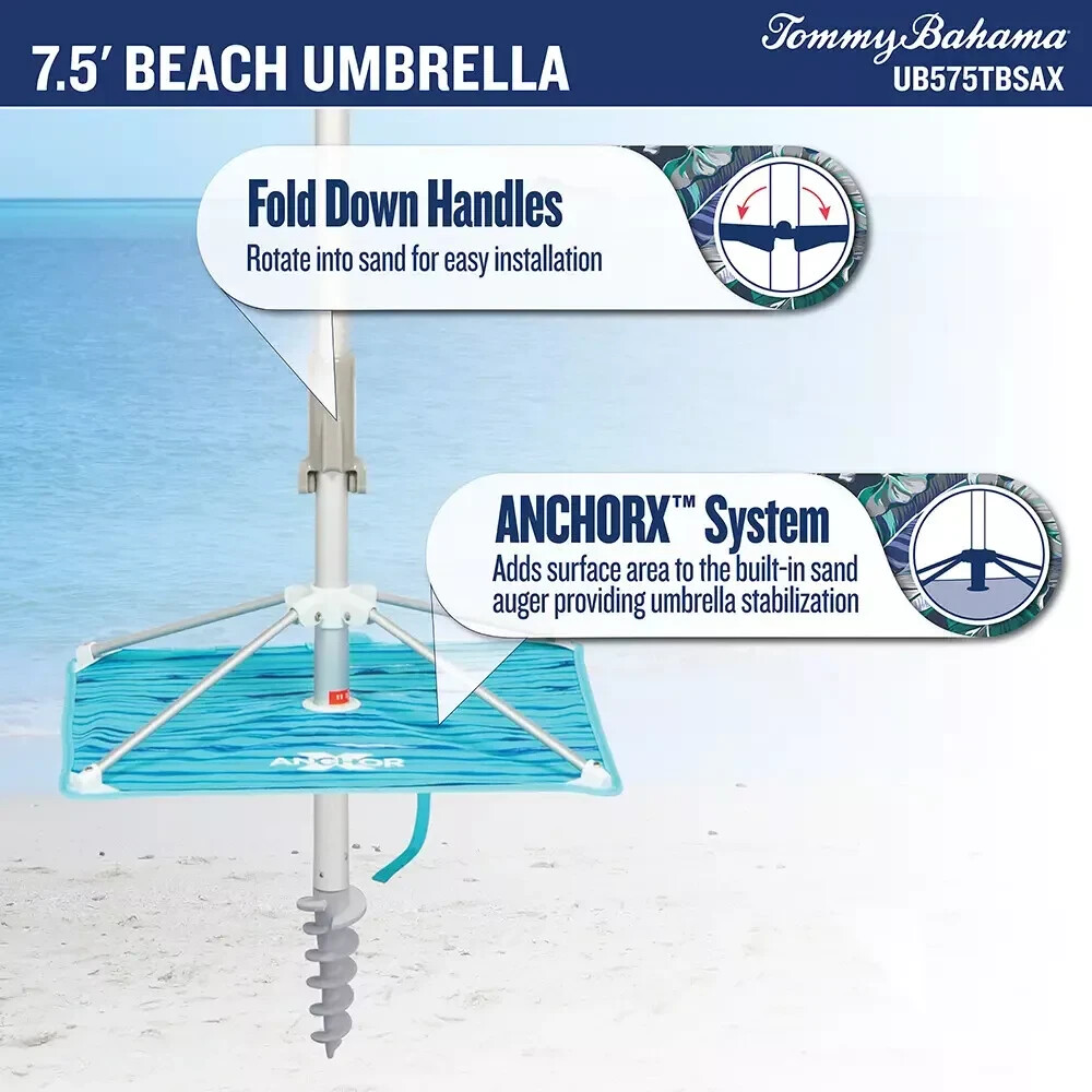 Tommy Bahama 7.5’ Beach Umbrella System Adjustable Tilt