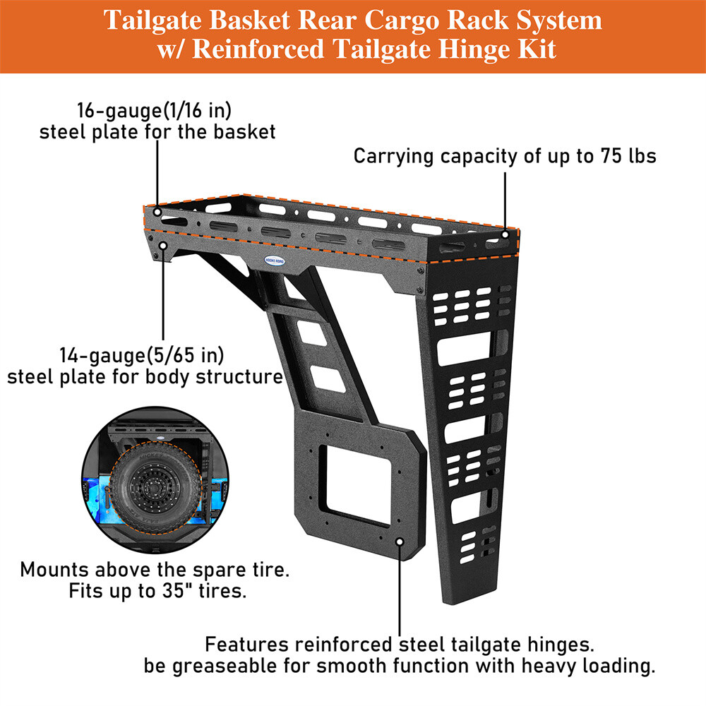 Hooke Road Tailgate Basket Rear Cargo Rack w/ Hinge for 07-18 Jeep Wrangler JK