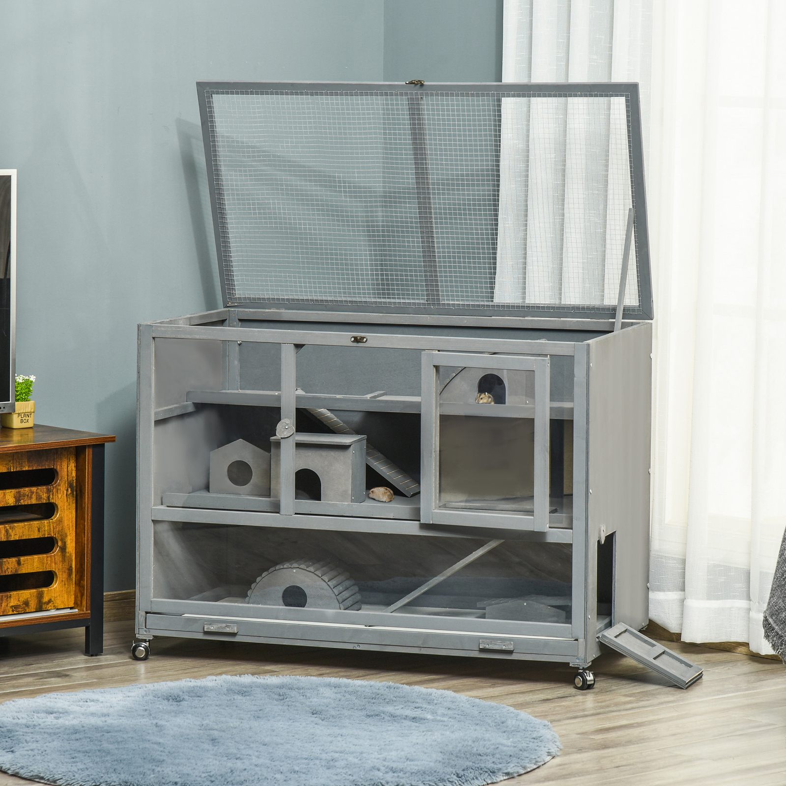 Large Wooden Hamster Cage with Wheels and Seesaw, Small Animal Cage and Habitat