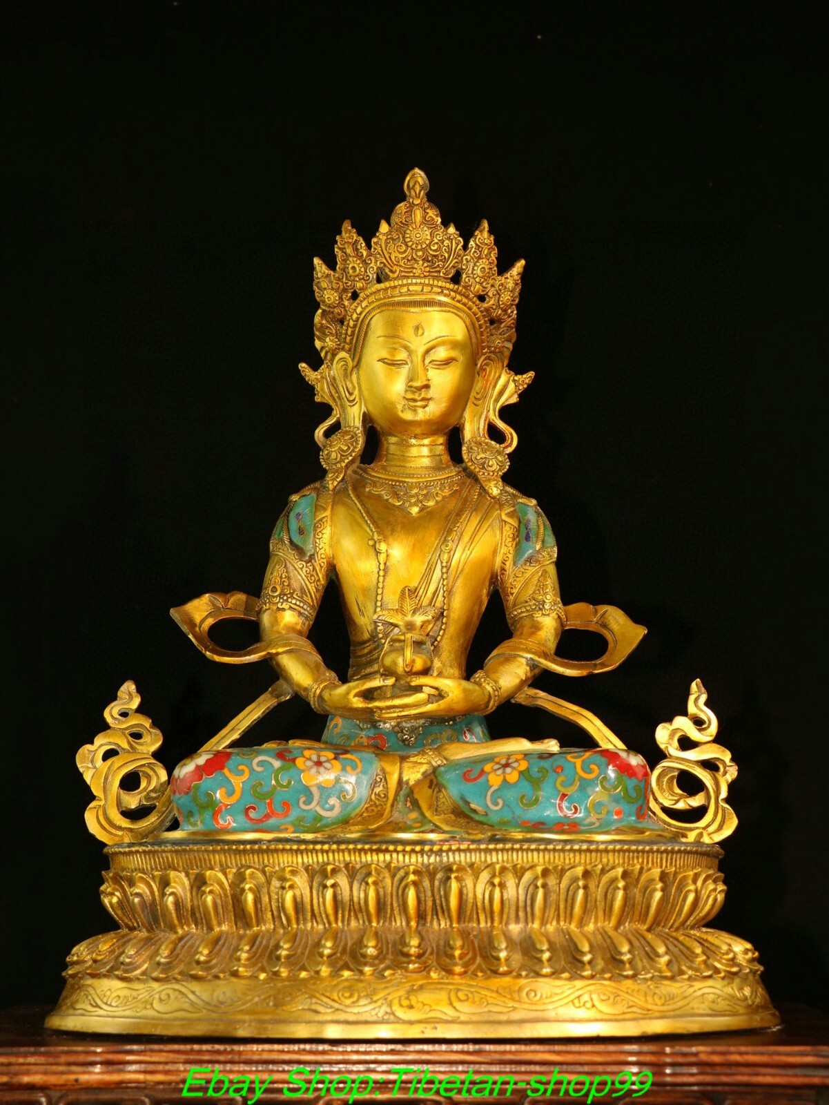 17.7" Old Bronze Cloisonne Enamel Gold Amitayus longevity God Goddess Statue