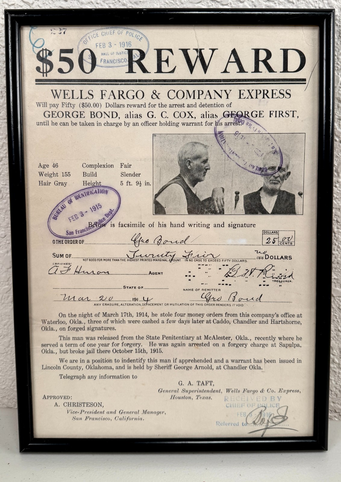 Antique Wells Fargo & Co Reward Wanted Poster Criminal Robber Western Outlaw #2