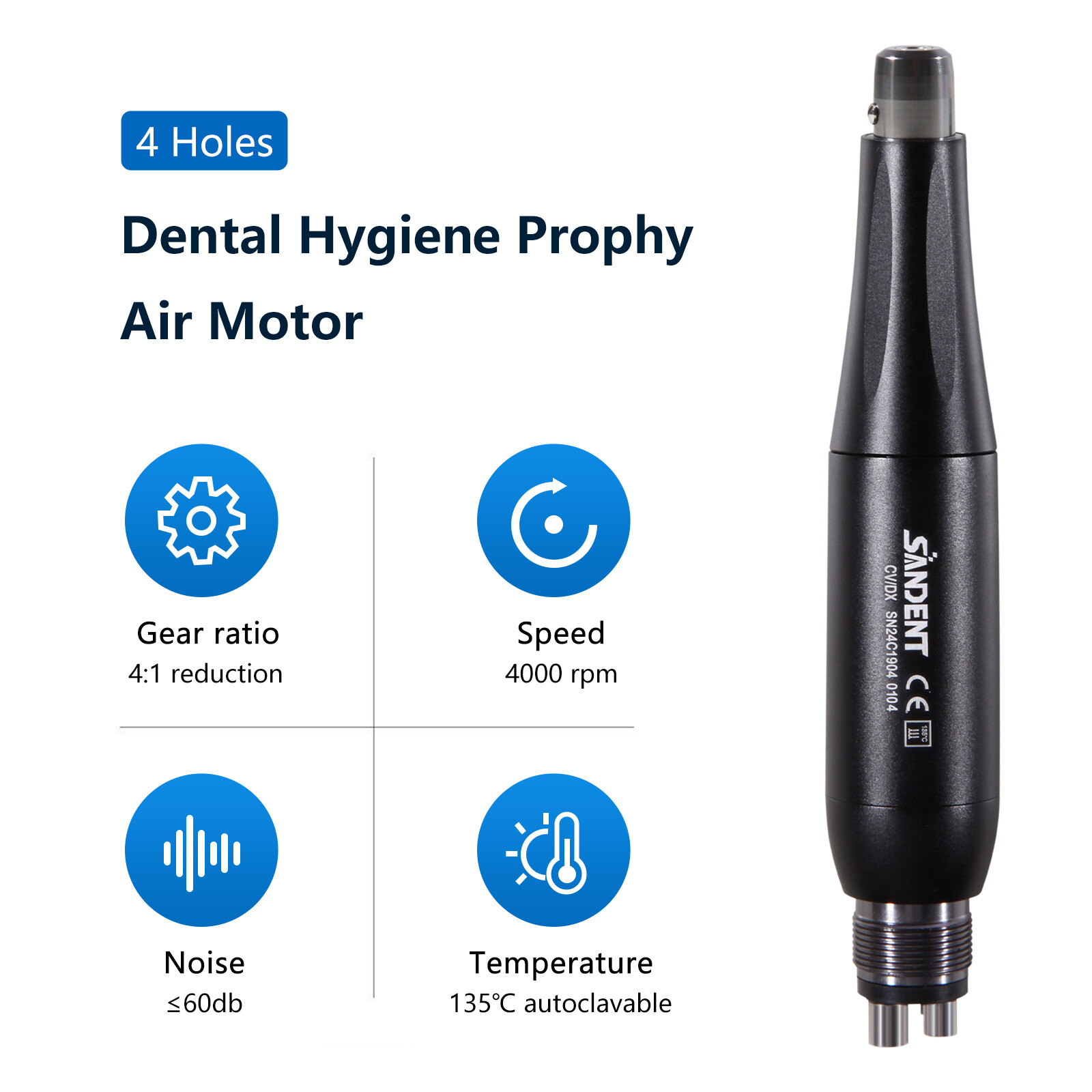 360° Swivel Dental Hygiene Prophy Handpiece Air Motor 4 Holes W/ 4:1 Nose Cone S