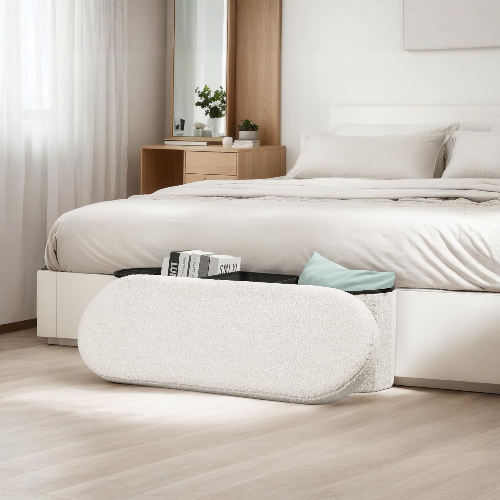 Storage Ottoman Bench, 43.3 Inches Oval Ottoman with Storage, Teddy Boucle Fo...