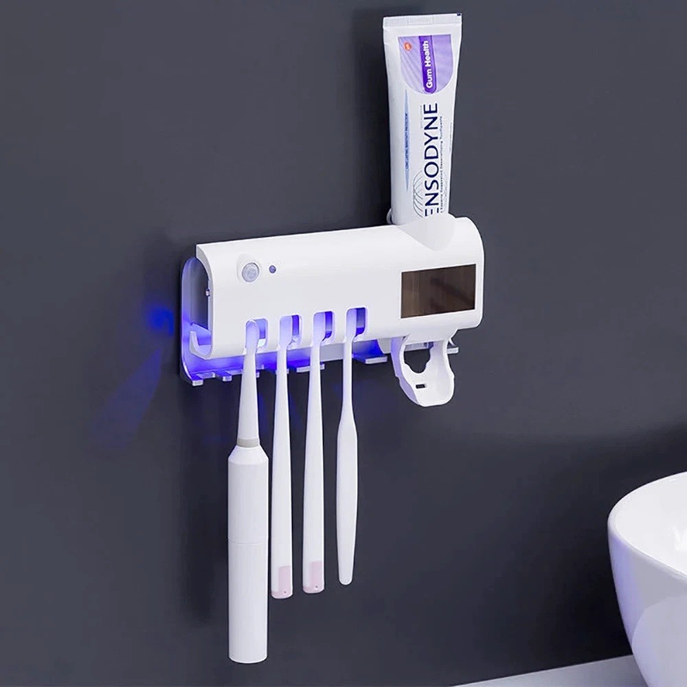 UV Light Toothbrush Sterilizer Holder & Automatic Toothpaste Dispenser Cleaner