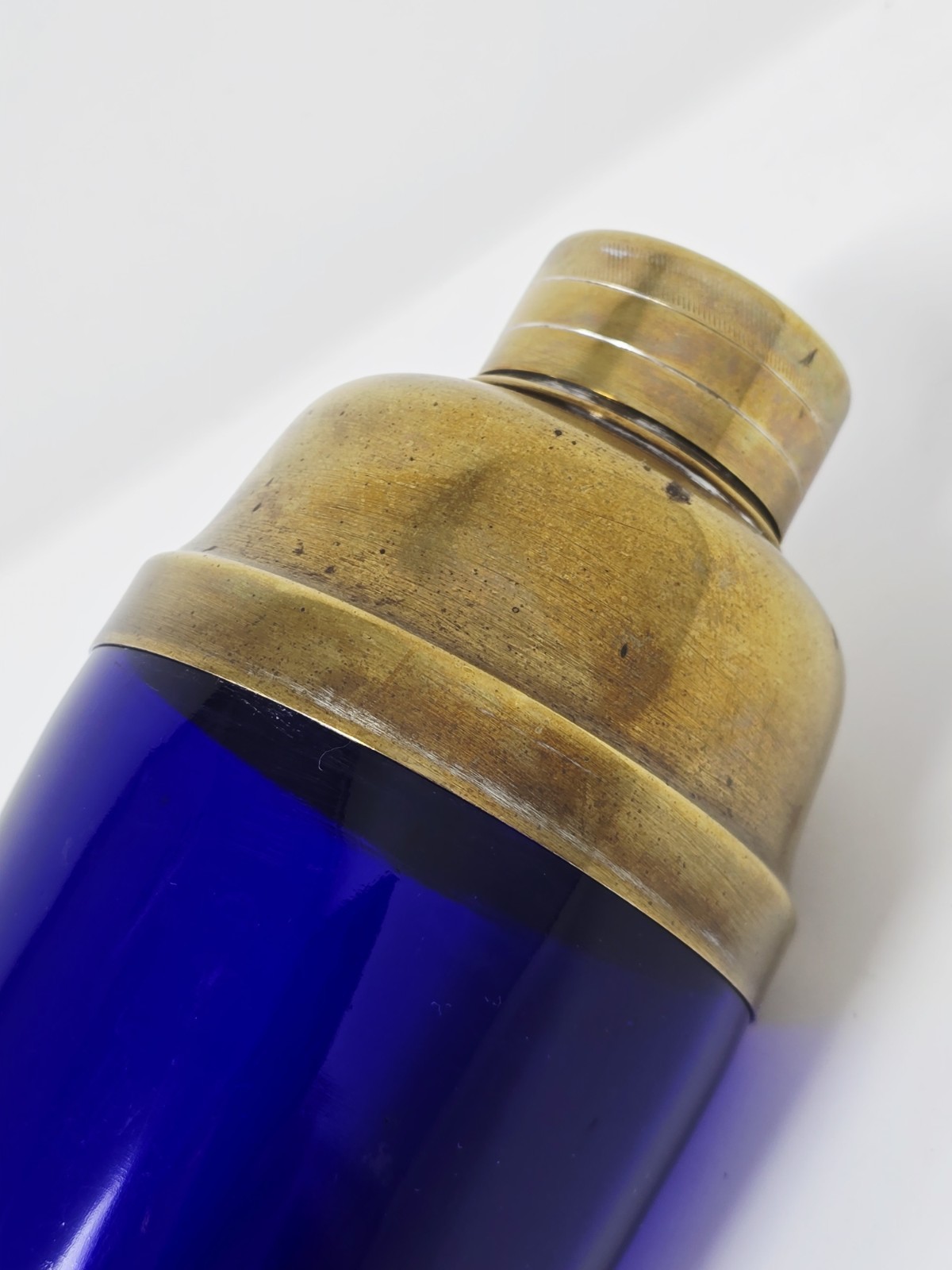 Rare Large Cobalt & Brass Art Deco Cocktail Shaker & Vintage Cobalt Glasses
