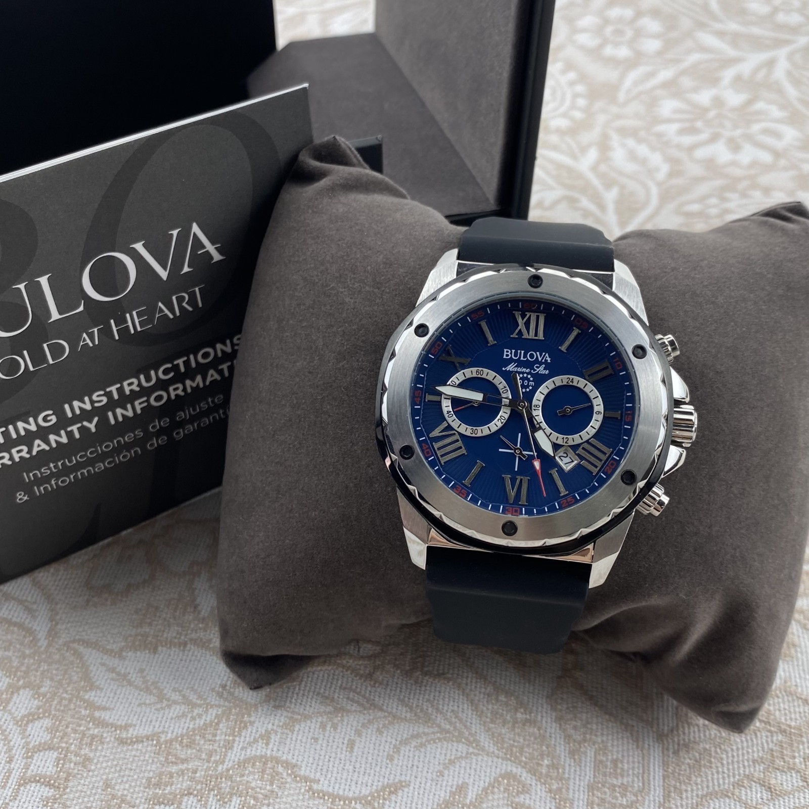 Bulova Marine Star 98B258 Automatic Blue Dial Black Rubber Strap Men's Watch