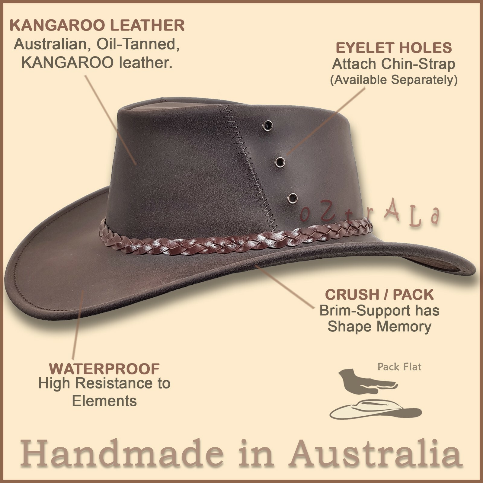 【oZtrALa】 Oiled KANGAROO Leather Hat Cowboy Western Outback Mens Golf AUSTRALIAN