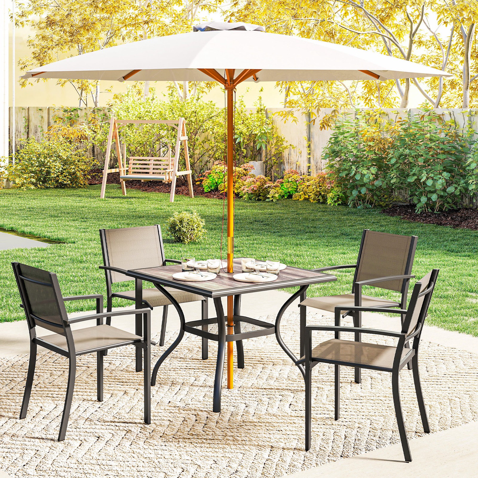 Outsunny Outdoor Dining Table, 37" Square Patio Table with Umbrella Hole