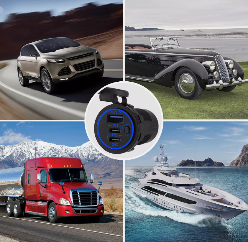 12V-24V QC3.0 + PD USB C Car Fast Charger Power Socket Outlet for Boat RV Marine