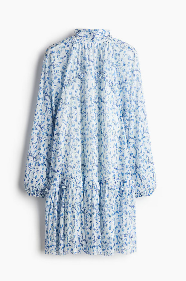H&M Plissé Jersey Dress (White/Blue floral)