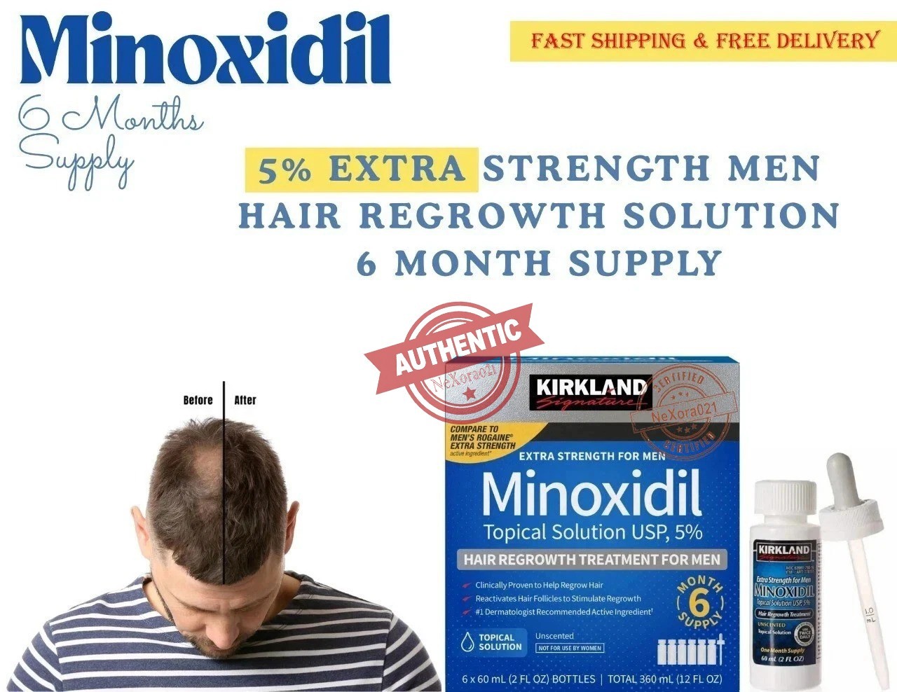 KIRKLAND Minoxidil 5% Extra Strength Men Hair Regrowth Solution 6 Month Supply