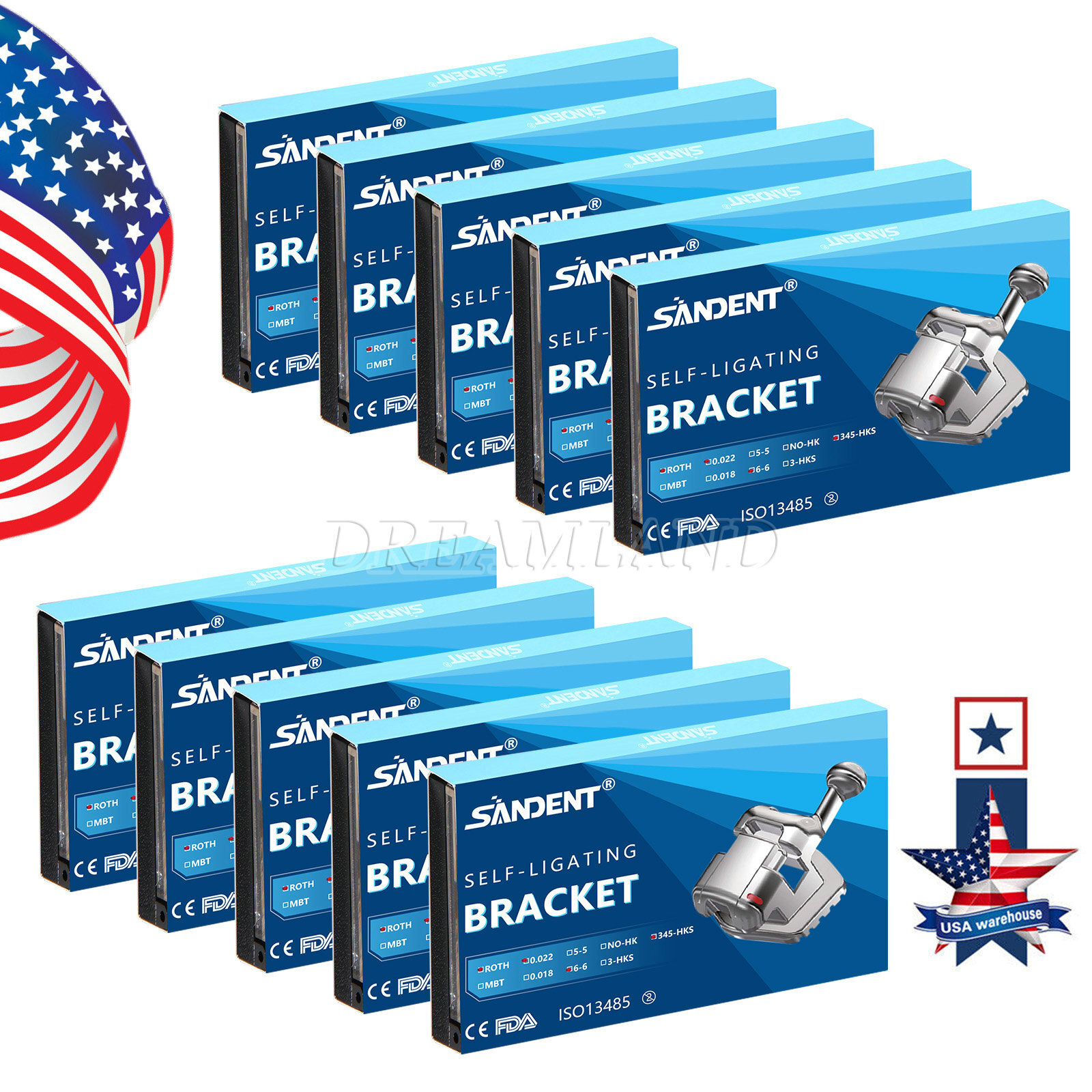 10 Packs Dental Self-Ligating Brackets Orthodontic Roth 0.022 345Hook Bracket