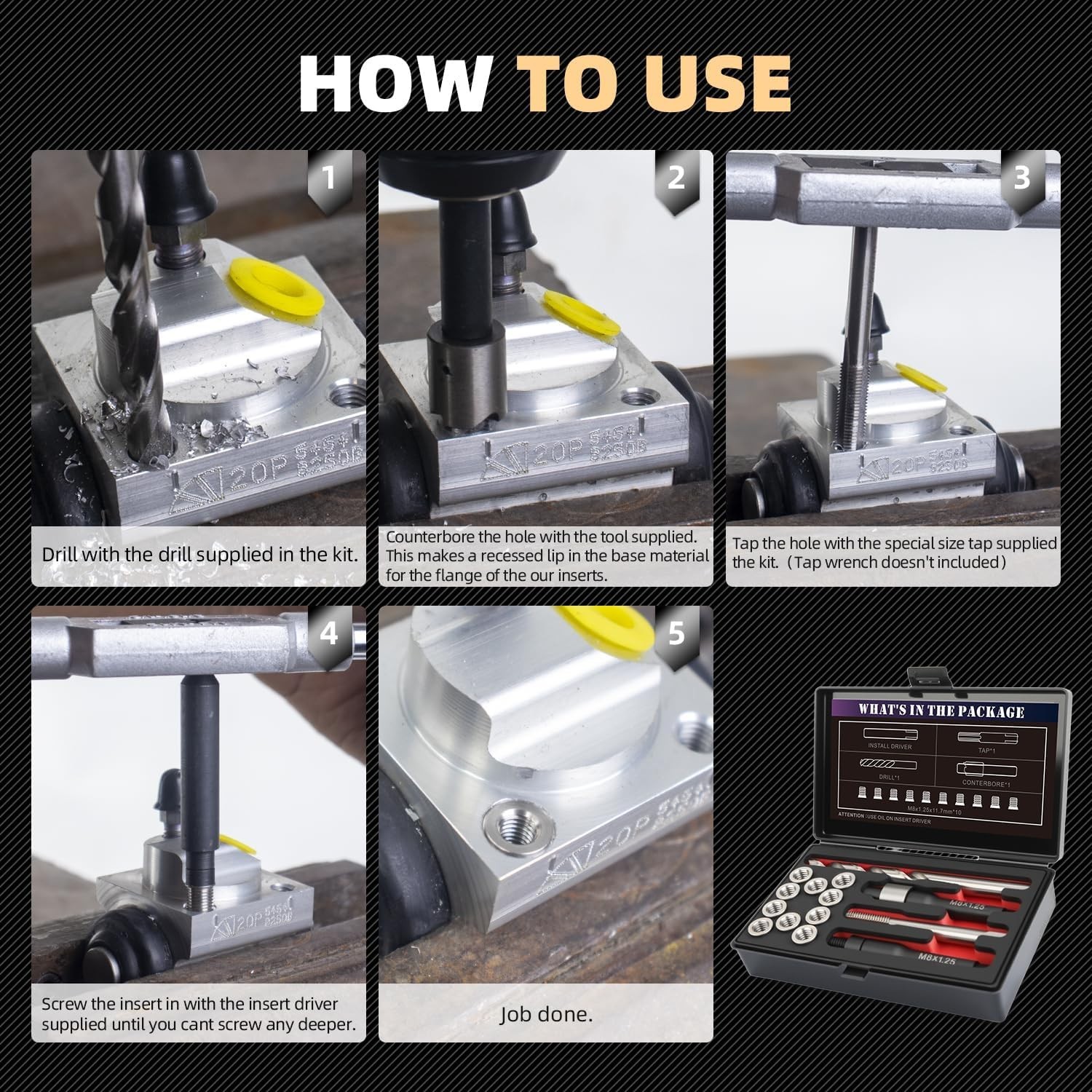 M8x1.25x11.7mmx10pcs Thread Repair Kit with 9.4mm Insert HSS Drill, Tap,