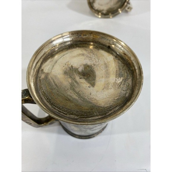 Vtg English Silver Plated Heraldic Lion Crest Tankard Beer Mug Steins Set of 2