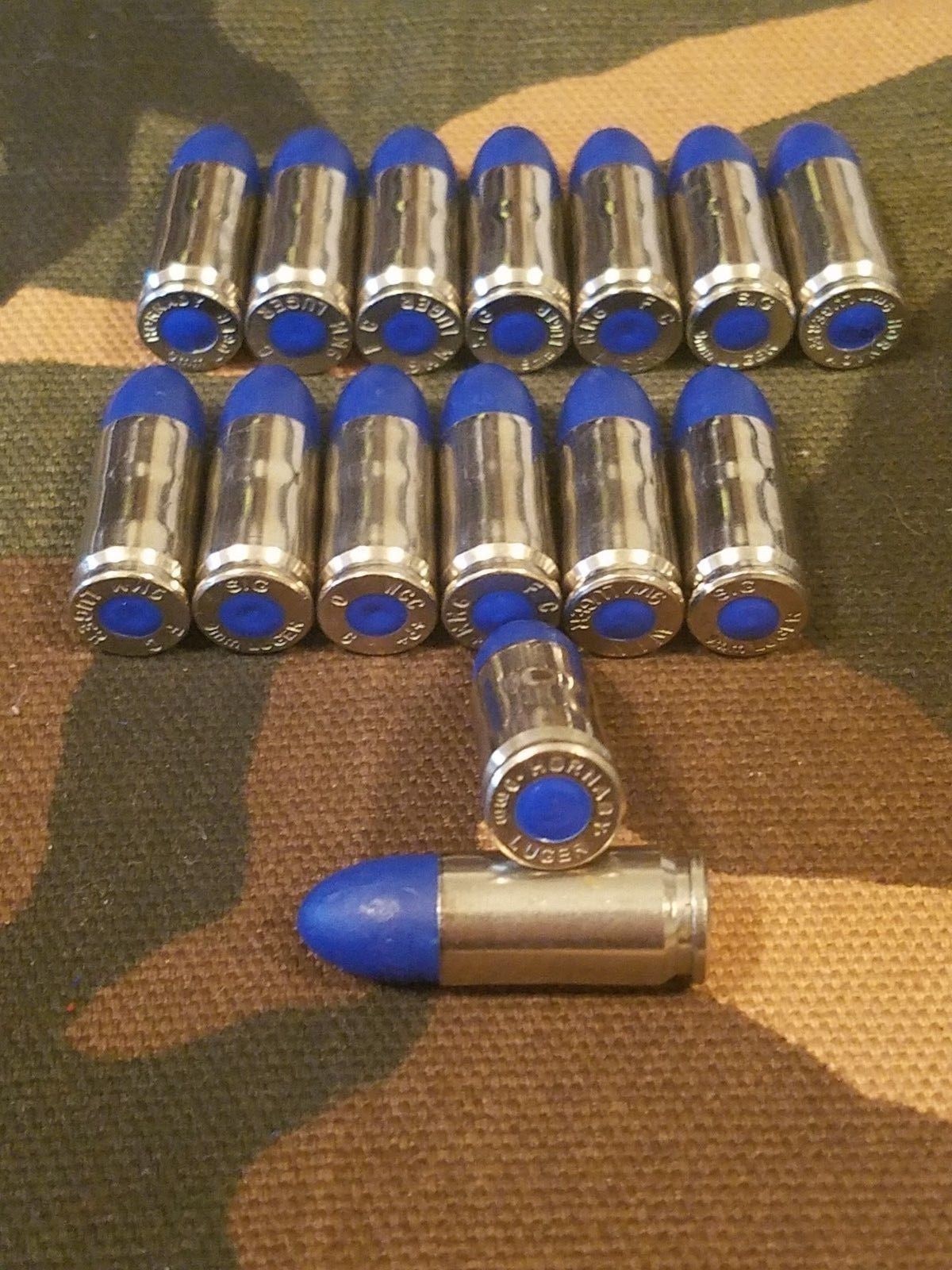 9MM LUGER SNAP CAPS SET OF 15 (BLUE+NICKEL)