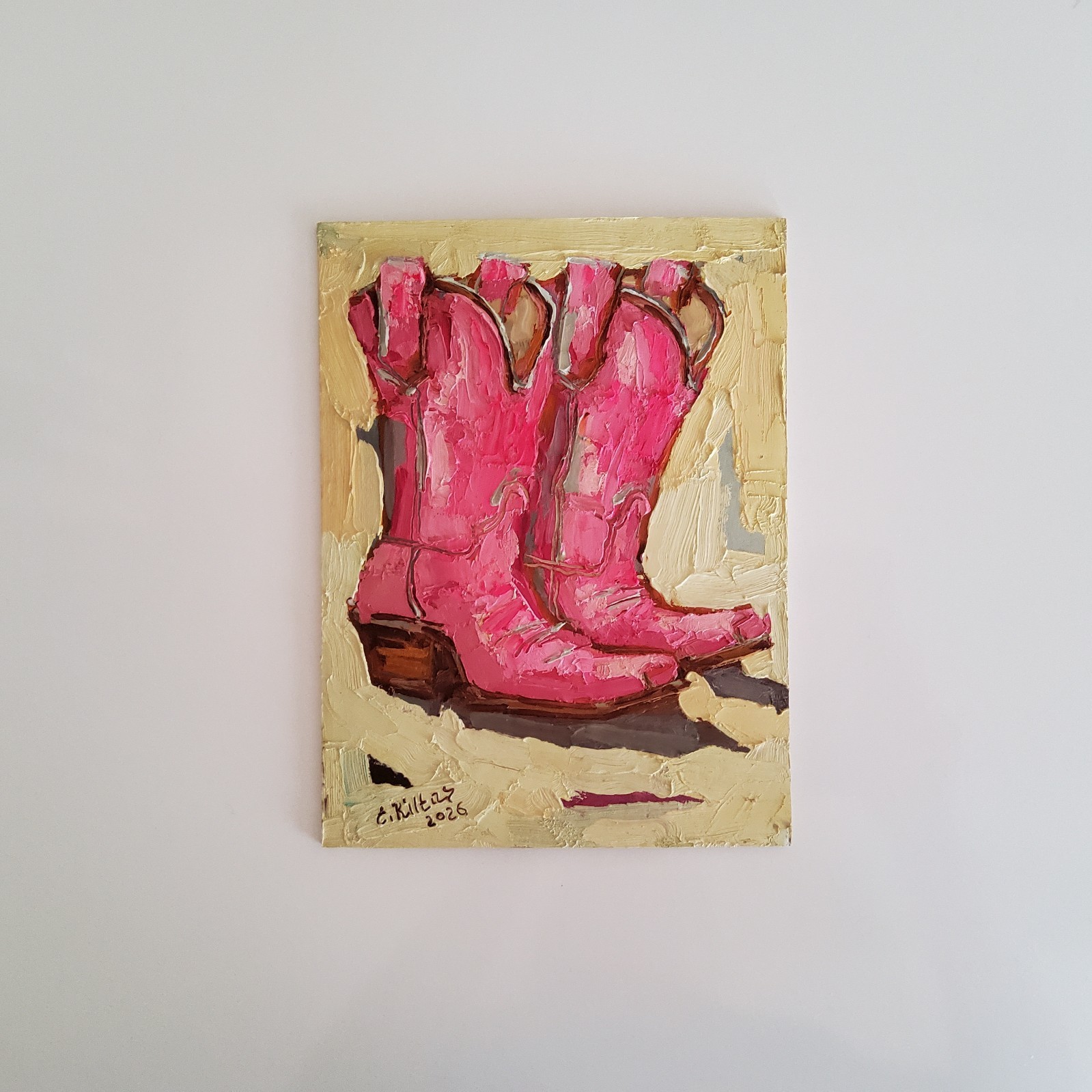 Pink Cowgirl Boots Cowboy Painting Original Oil Art Abstract Modern Wall Artwork