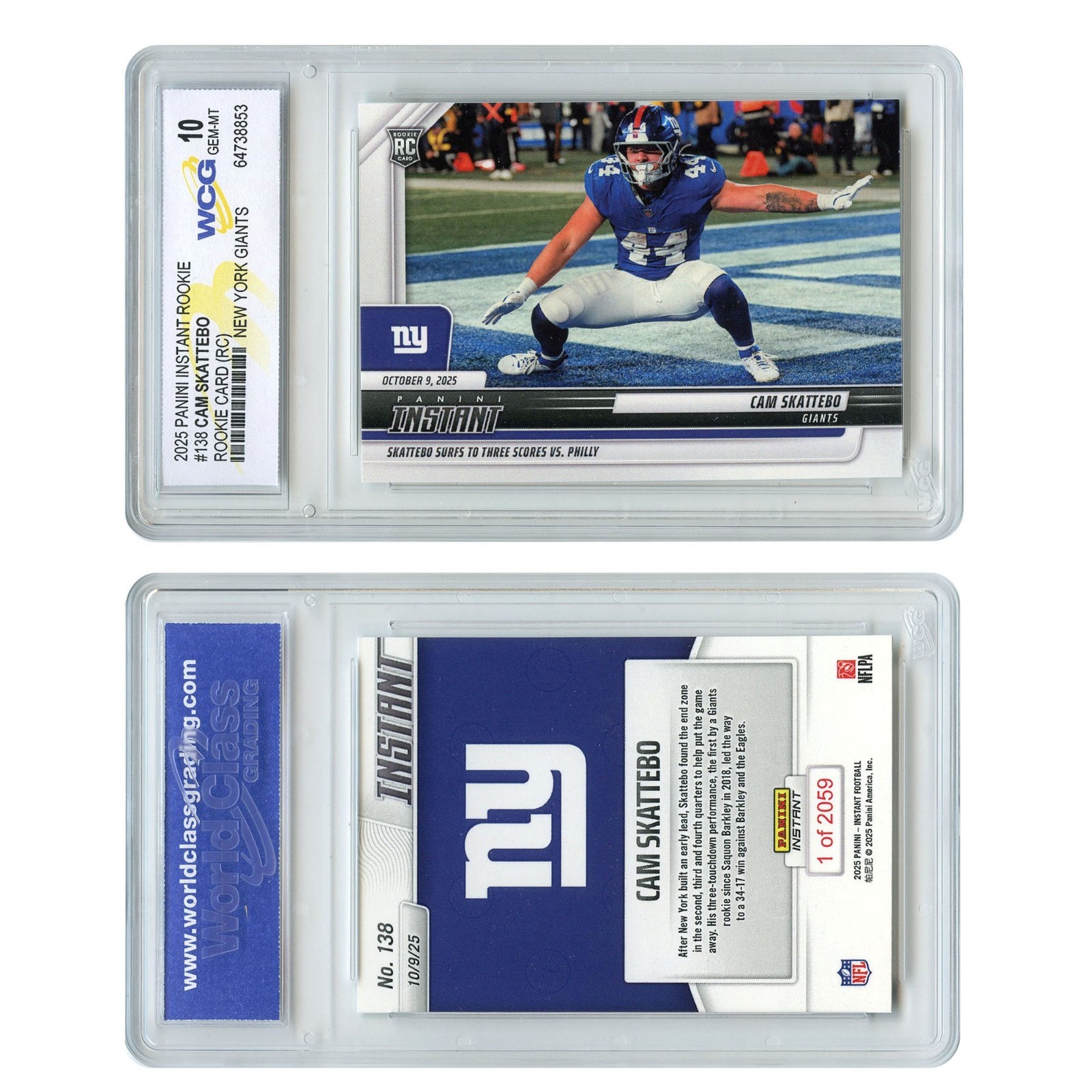 2025 NFL Panini CAM SKATTEBO NY Giants RB ROOKIE CARD RC #138 Graded GEM-MINT 10