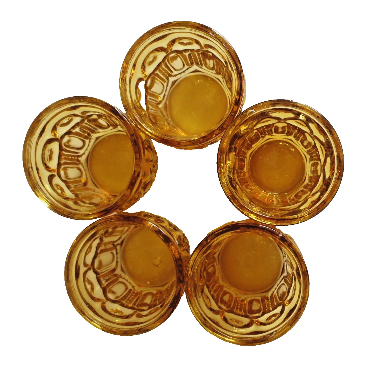 MCM CRYSTAL DECANTER STOPPER AND 5 CORDIAL/SHOT GLASSES AMBER BROWN GLASS VTG