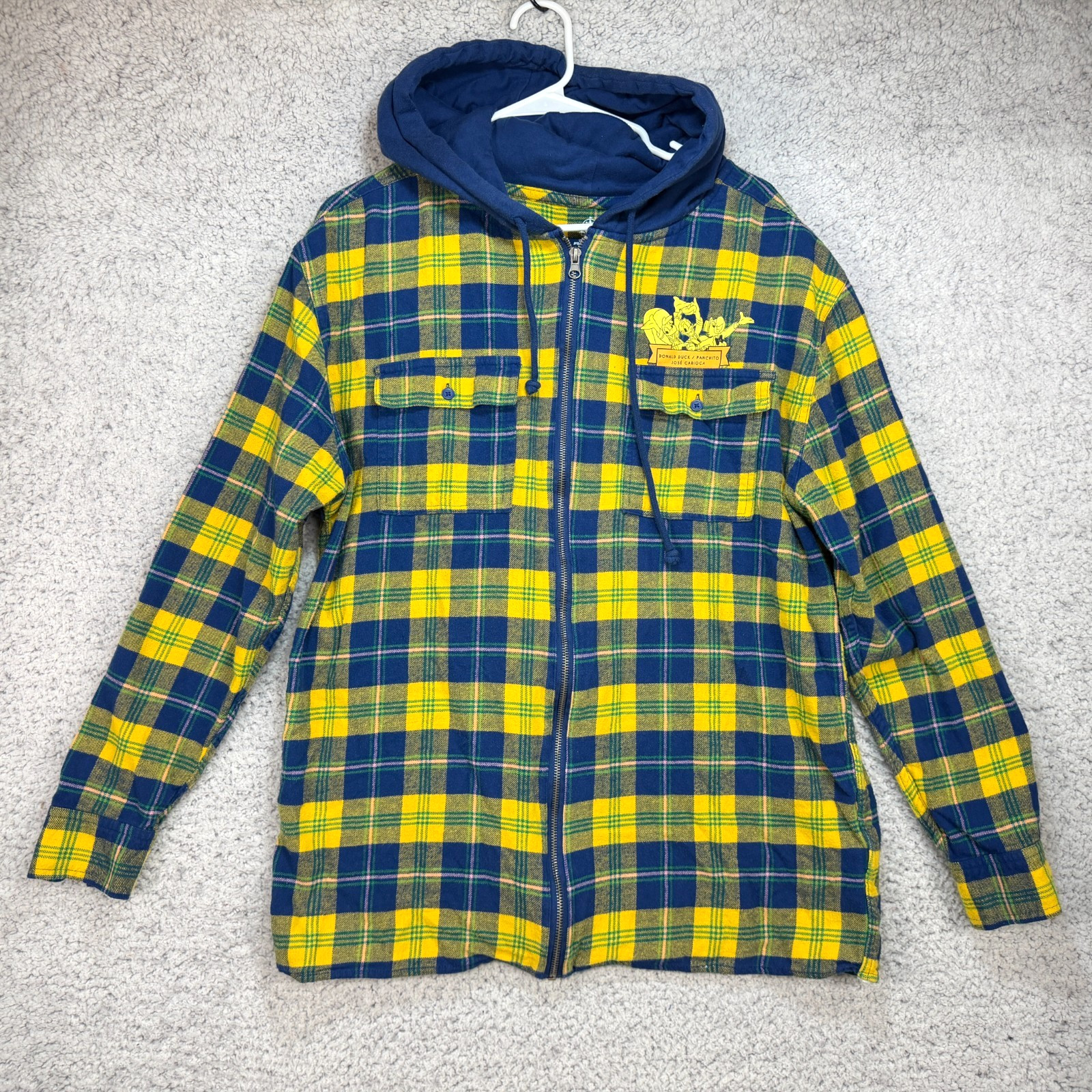 Disney Parks The Three Caballeros Full Zip Hoodie Yellow Blue Plaid Size Large