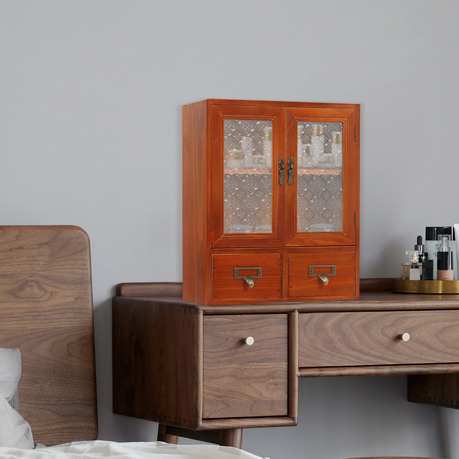 Wood Storage Cabinet, 2-tier Storage Cabinet with 2 drawers, Double Door Storage