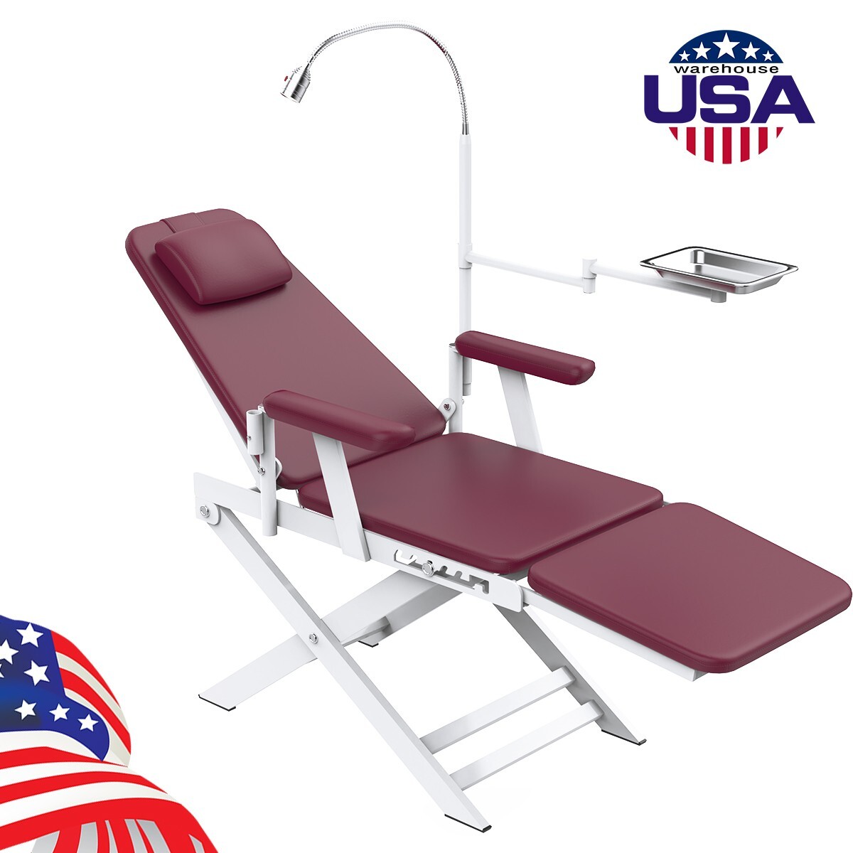 Portable Dental Mobile Folding Chair PU Leather with LED Light & Tray Wine Red