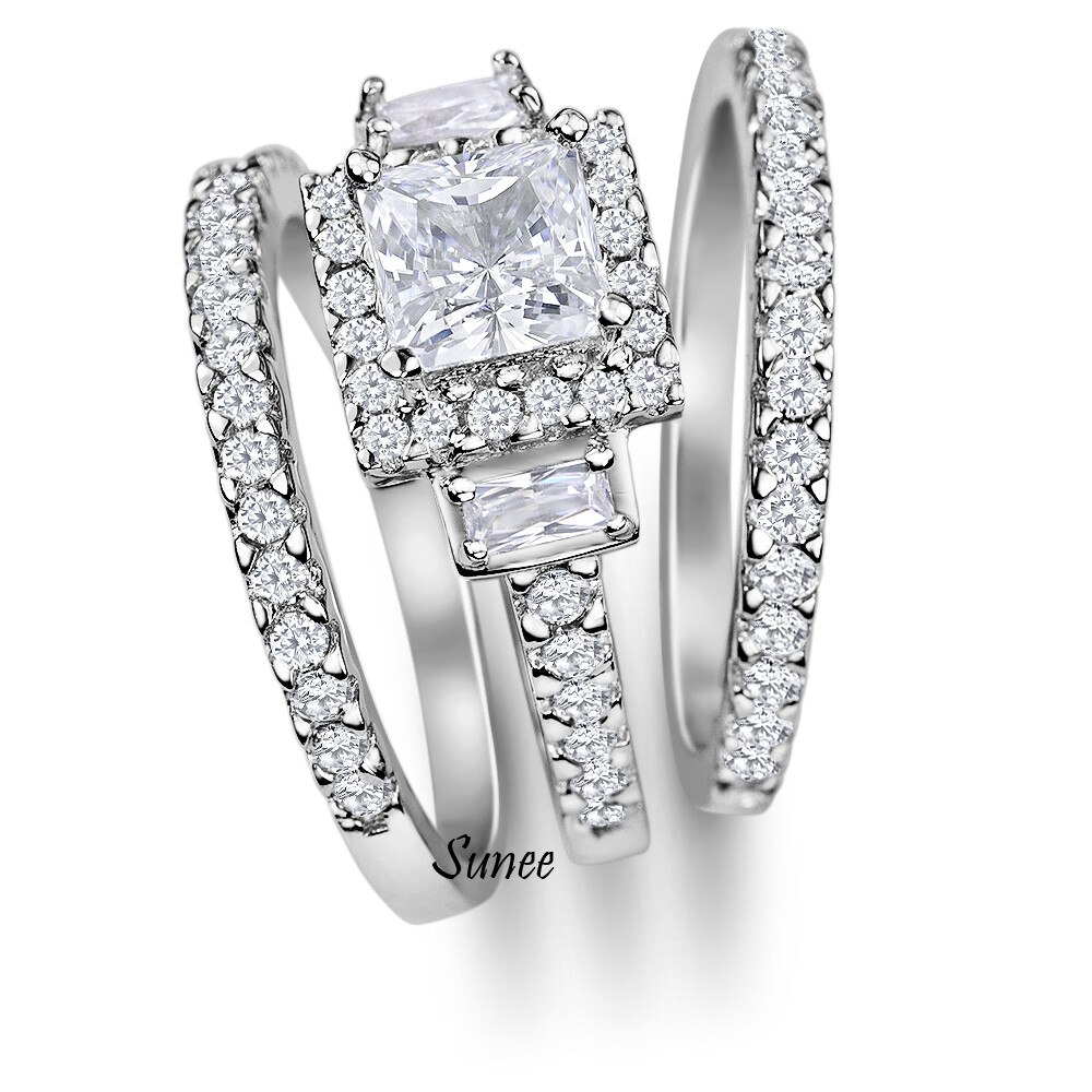 Halo Simulated Princess Cut 925 Wedding Rings Engagement Rings Set Simulated