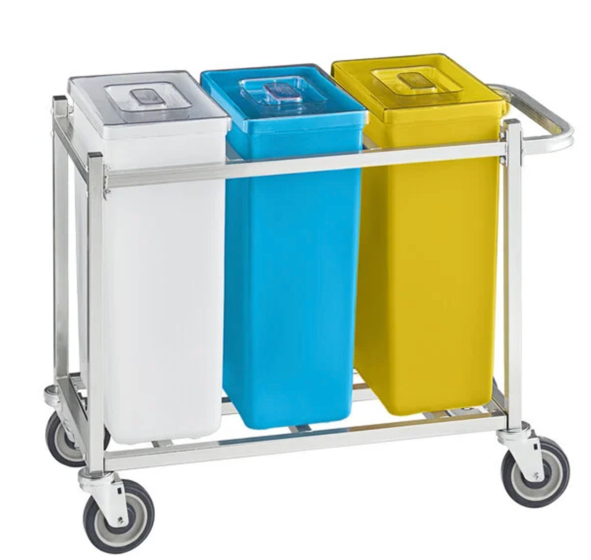 30 Gallon Triple Mobile Ingredient Bin Cart Blue White Yellow Food Storage 3118