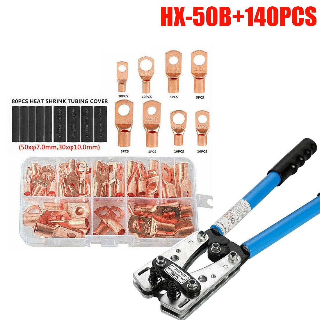 140PCS Copper Lugs Ring Terminals Bare Battery Welding Crimp Wire Connectors Kit
