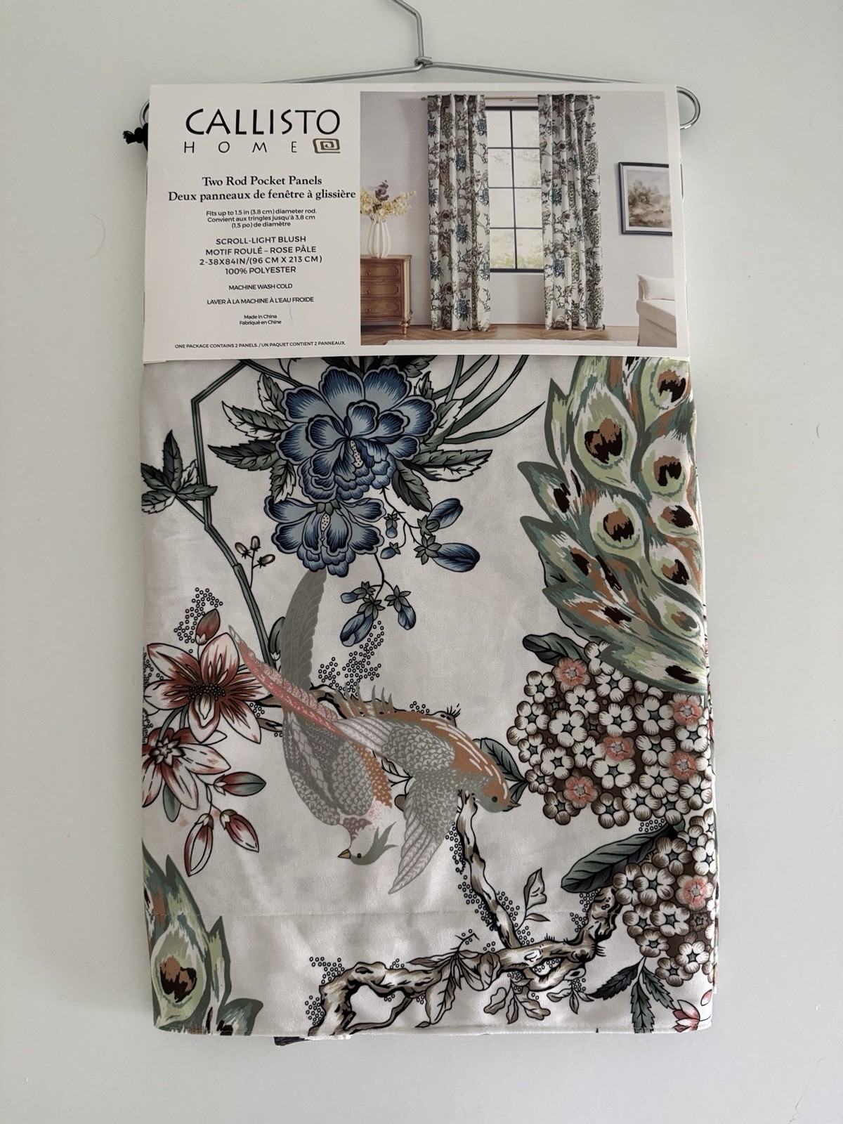 CALLISTO Window Curtains 2 Panels 38” X 84" Peacock Birds Drapers Back Top Ivory