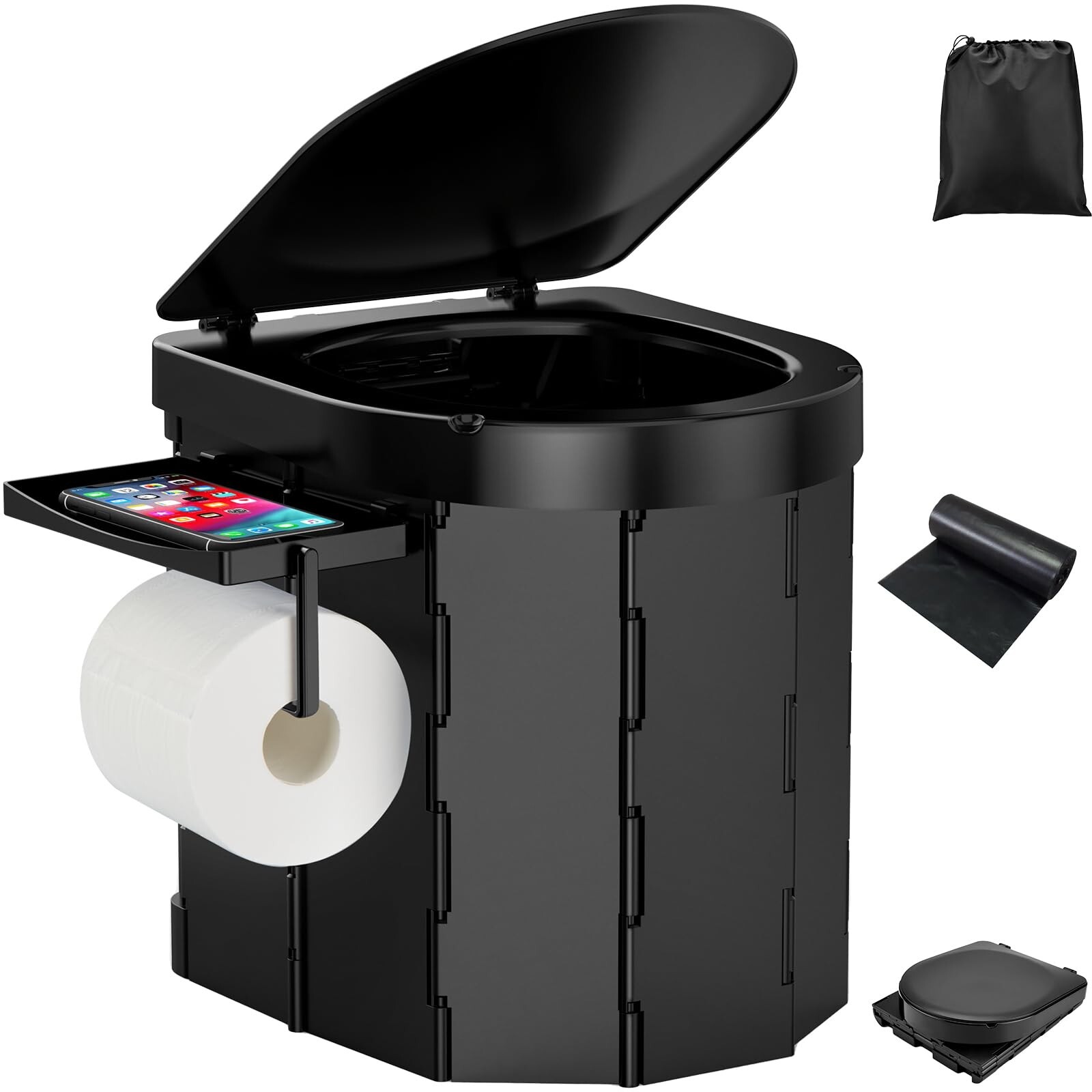 Portable Camping Toilet with Detachable Phone Shelf and Toilet Paper Holder