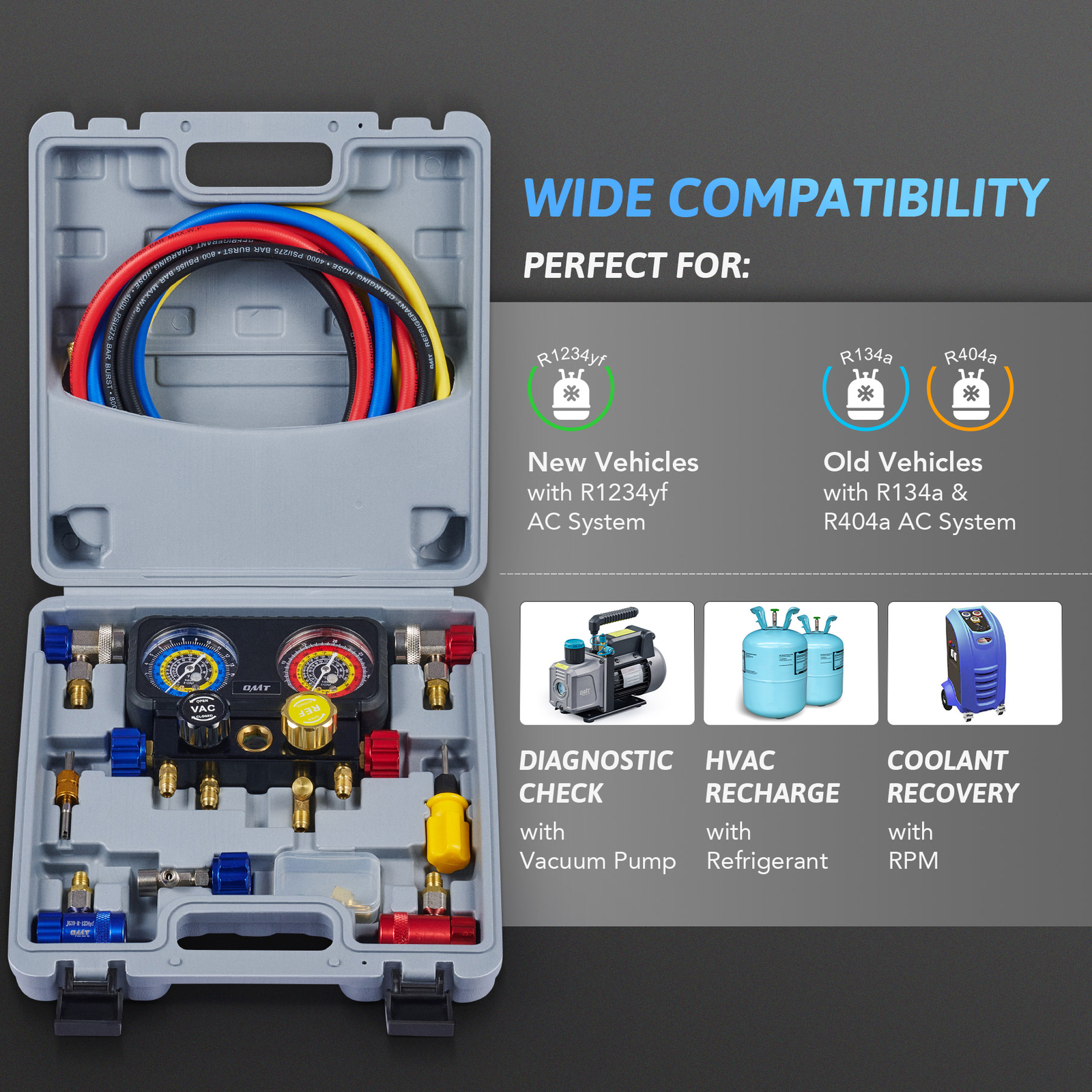 OMT AC R1234YF Gauge Set Automotive 4 Valve Manifold Gauge Kit Freon Charging US