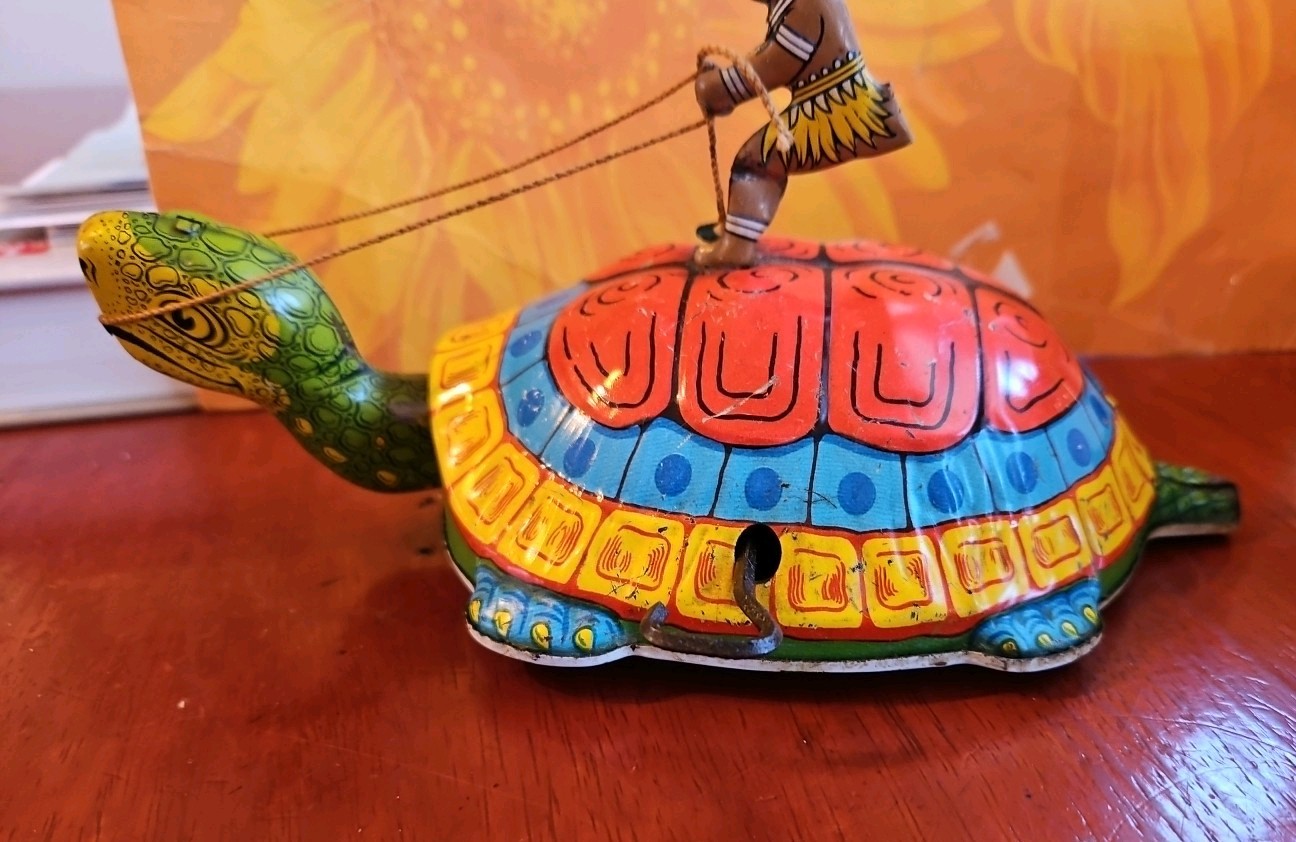 Vintage Antique Tin Toy Wind Up Chein Person Rides Giant Turtle Tortoise Display