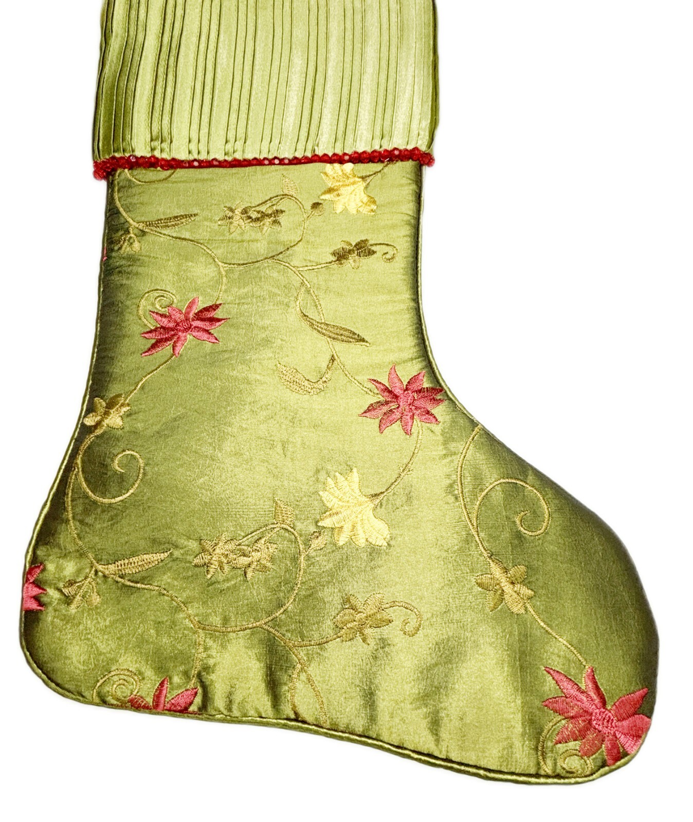 17” World Market Green Satin Christmas Stocking Floral Embroidery Beads