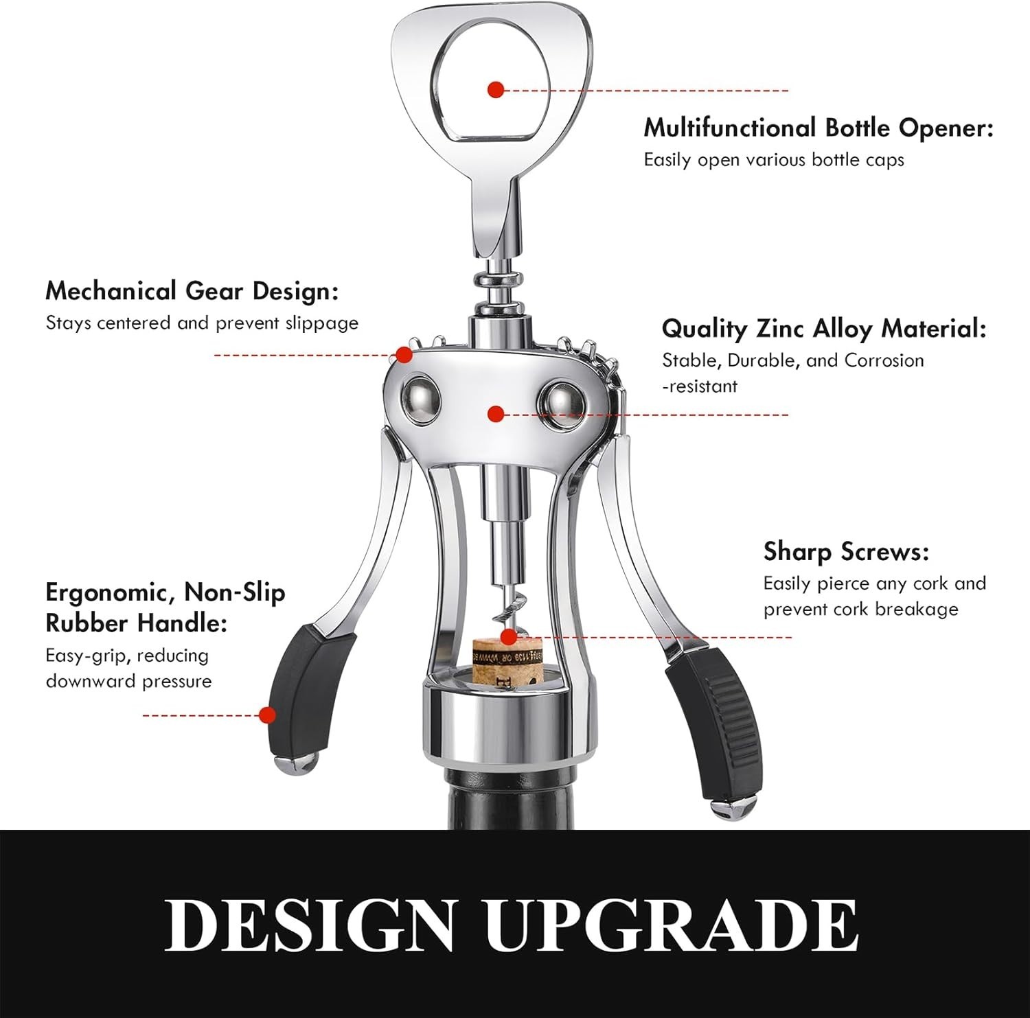 Wine Opener, Heavy-Duty Zinc Alloy Wing Corkscrew, Premium Beer Bottle Opener, M