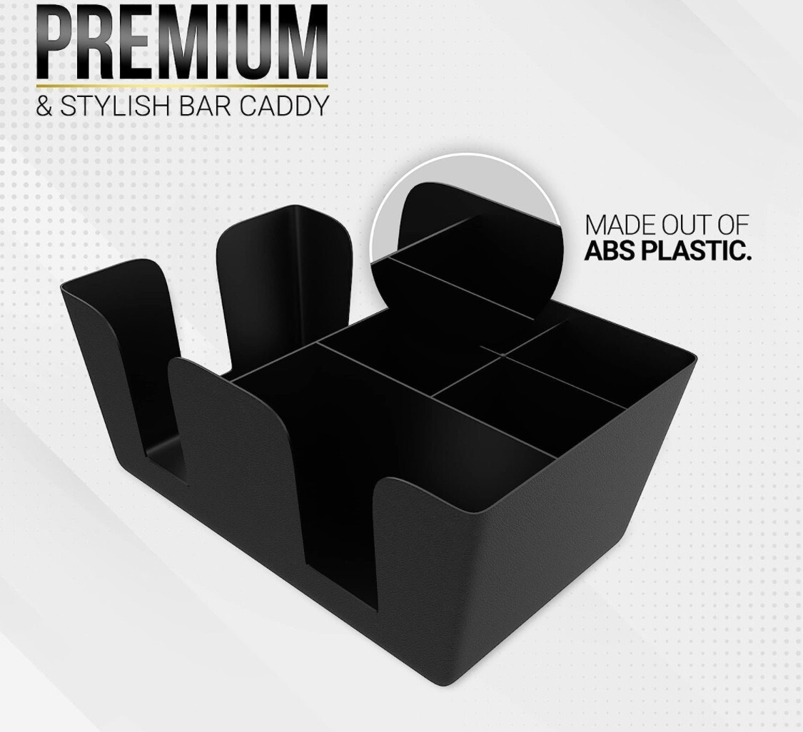 Black Plastic Bar Caddy Utensil Caddy/Holder for Napkin & Straw 6 Compartments