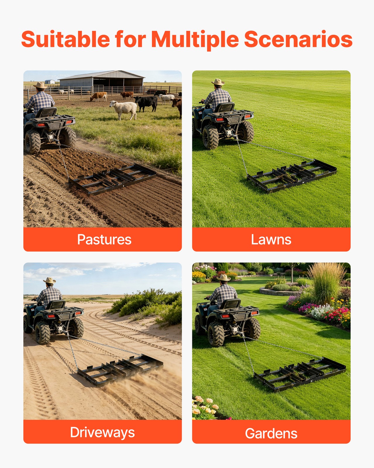 VEVOR Drag Harrow 48 x 20 in Tow-Behind Driveway Grader Fits ATVs UTVs Tractors