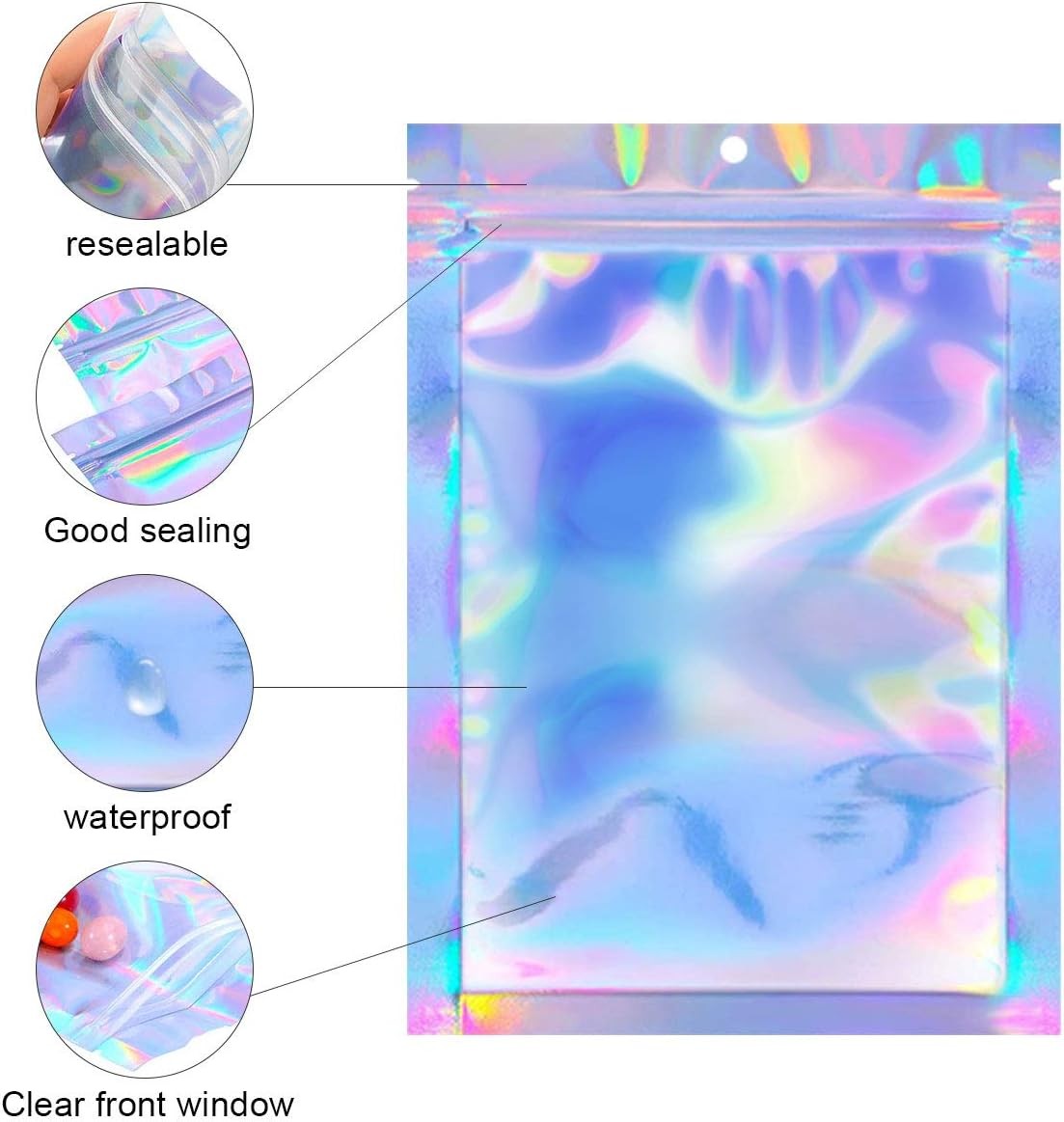 100-1000PCS Holographic Mylar Foil Bags Smell Proof Resealable Zip Seal Pouches