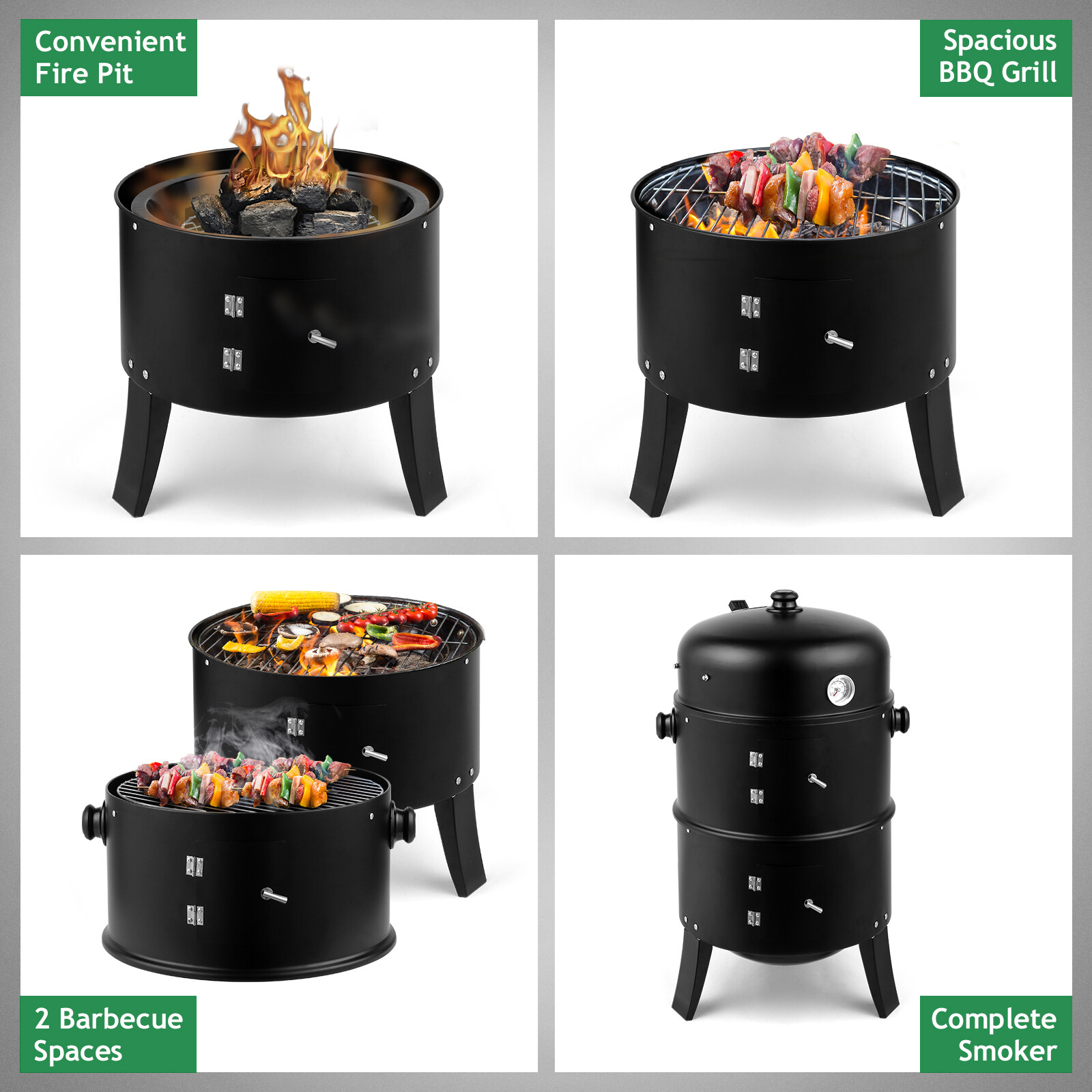 32" Charcoal Smoker BBQ Grill 3IN1 Outdoor Vertical Smoke Portable Meat Cooker