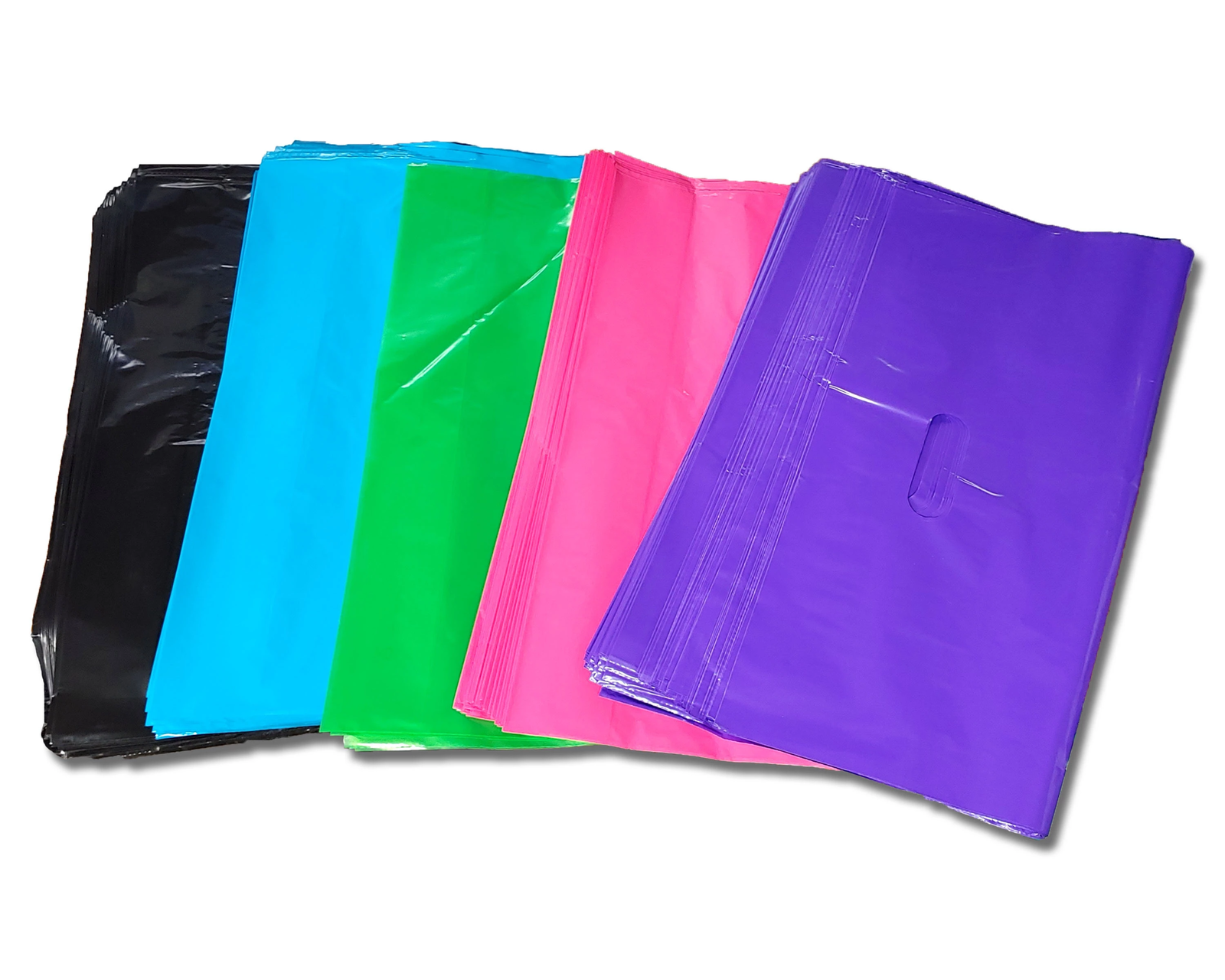 100 Pack Plastic Merchandise Bags, 3 Sizes, 9x12, 12x15, 15x18x4" Die Cut Handle